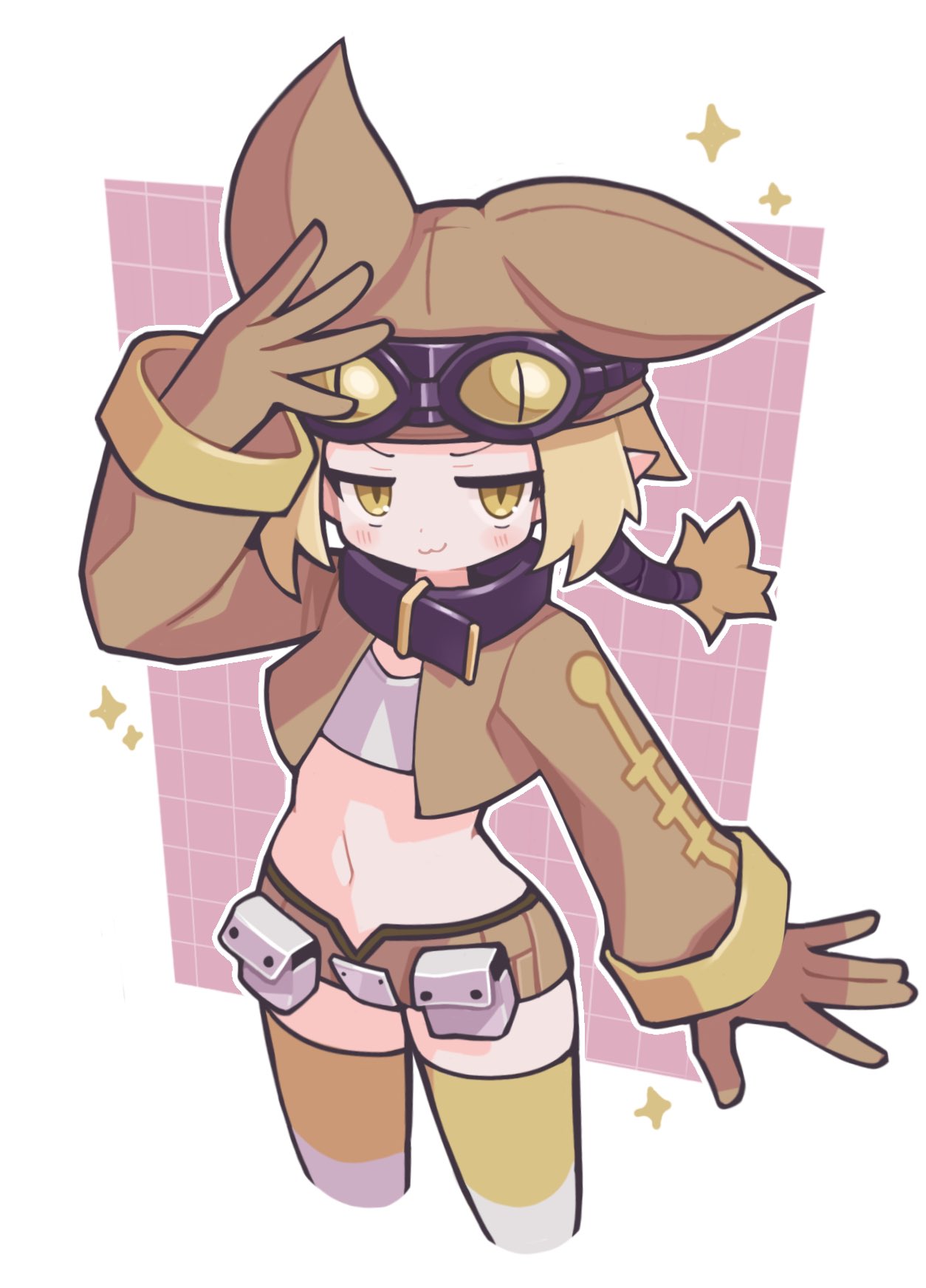 suaman, thief (disgaea), disgaea, commentary, highres, 1girl, :3, arm up, blonde hair, blush, border, brown gloves, brown hat, brown jacket, brown shorts, closed mouth, crop top, cropped jacket, cropped legs, gloves, goggles, goggles on headwear, grid background, hat, jacket, long sleeves, looking at viewer, midriff, navel, open clothes, open jacket, outline, outside border, pink background, pointy ears, short hair, shorts, smile, solo, thighhighs, white border, white outline, yellow eyes, yellow thighhighs
