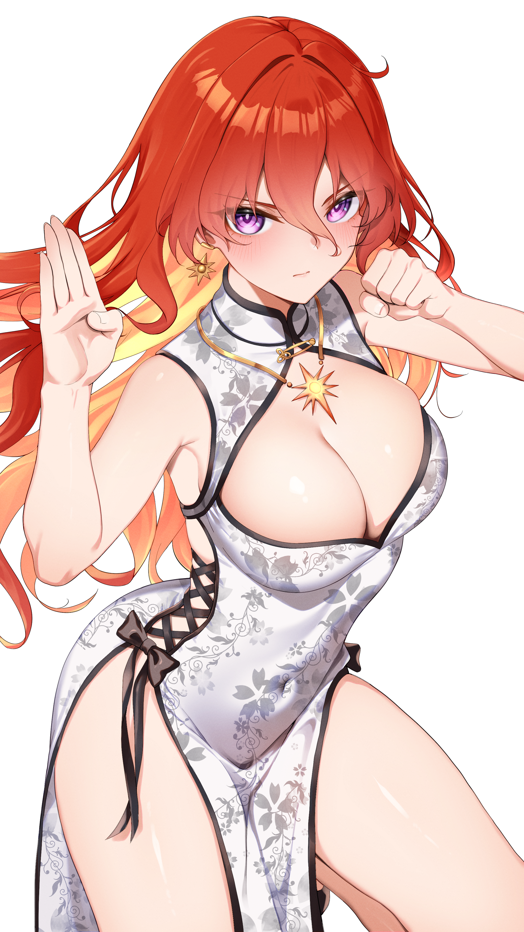 4ddd, augusta (wuthering waves), wuthering waves, absurdres, commentary, english commentary, highres, 1girl, alternate costume, bare shoulders, blush, breasts, china dress, chinese clothes, cleavage, closed mouth, collar, colored inner hair, covered navel, cowboy shot, cross-laced clothes, cross-laced dress, dress, earrings, foot up, hair between eyes, jewelry, large breasts, long hair, looking at viewer, multicolored hair, purple eyes, red hair, side slit, simple background, solo, sun earrings, sun necklace, thighs, two-tone hair, white background, white collar, white dress