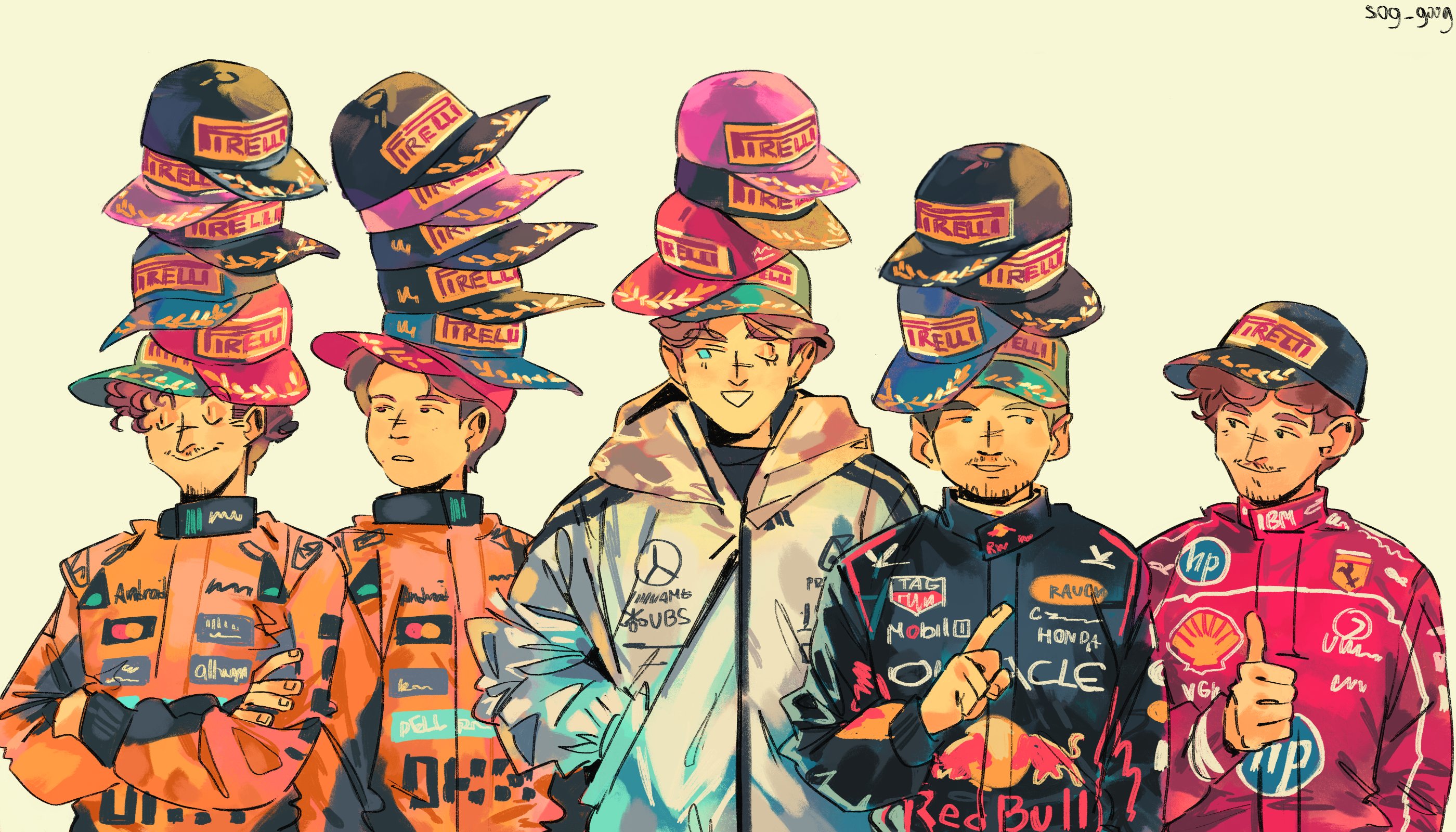 charles leclerc, max verstappen, ferrari, formula one, hewlett-packard, pirelli, real life, red bull, shell (company), tag heuer, commentary, english commentary, highres, 5boys, baseball cap, black eyes, blue eyes, blue racing suit, brown hair, closed eyes, crossed arms, facial hair, george russell, grey jacket, hands in pockets, hat, hat over hat, hood, hooded jacket, jacket, lando norris, looking at another, male focus, multiple boys, no sclera, one eye closed, orange racing suit, oscar piastri, racing suit, red racing suit, simple background, smile, sog goog, thumbs up, yellow background
