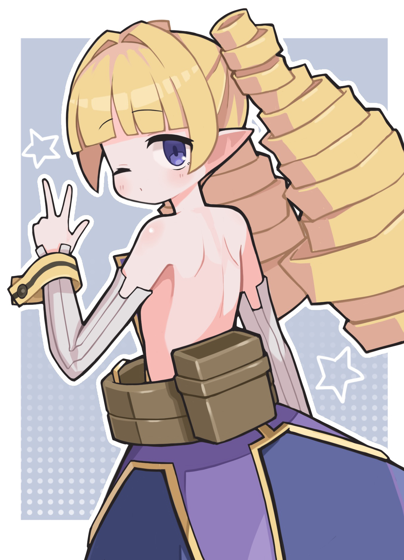 suaman, archer (disgaea), disgaea, commentary, highres, 1girl, back, bare shoulders, blonde hair, blue background, blue eyes, blue skirt, blunt bangs, blush, border, closed mouth, cowboy shot, detached sleeves, from behind, hand up, long hair, long sleeves, looking at viewer, looking back, one eye closed, outline, outside border, pointy ears, skirt, solo, star (symbol), twintails, w, white border, white outline, white sleeves