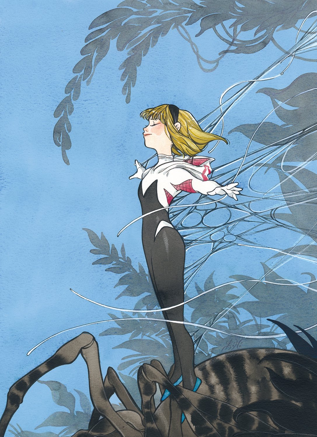 peach momoko, gwen stacy, spider-gwen, marvel, spider-man (series), commentary, highres, 1girl, animal, black bodysuit, black hairband, blonde hair, blue background, blue shoes, bodysuit, bug, closed eyes, dated commentary, full body, hairband, hood, hood down, hooded bodysuit, outstretched arms, shoes, short hair, silk, skin tight, solo, spider, spider web, spider web print, spread arms, standing, two-tone bodysuit, white bodysuit