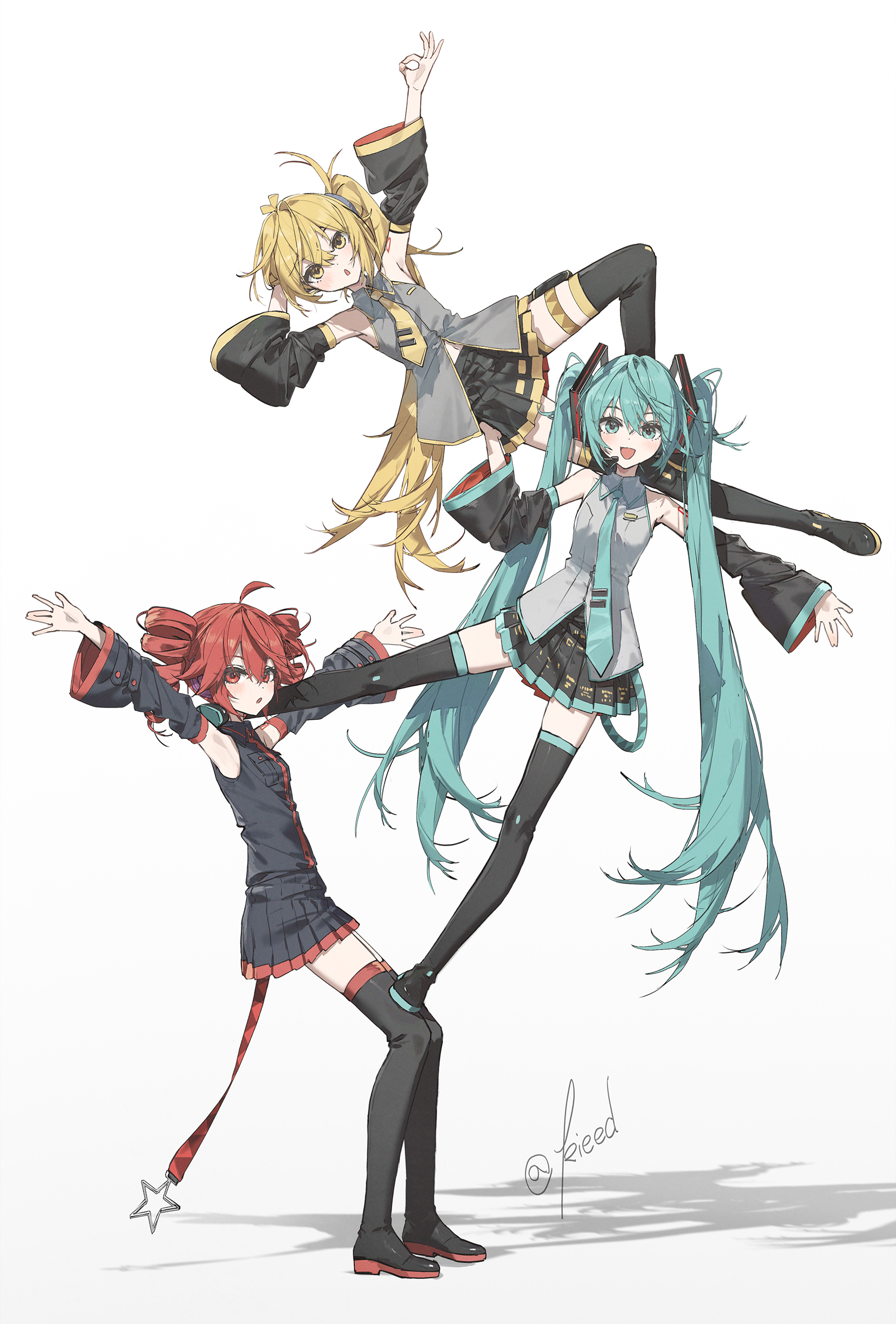 kieed, akita neru, hatsune miku, kasane teto, triple baka (vocaloid), utau, vocaloid, absurdres, highres, 3girls, ahoge, aqua hair, aqua necktie, black boots, black shirt, black skirt, blonde hair, boots, collared shirt, detached sleeves, drill hair, full body, grey shirt, hair between eyes, long hair, long sleeves, looking at viewer, multiple girls, necktie, open mouth, parted lips, red hair, red necktie, shadow, shirt, side ponytail, simple background, skirt, sleeveless, sleeveless shirt, smile, thigh boots, twin drills, twintails, very long hair, white background, wide sleeves, yellow necktie