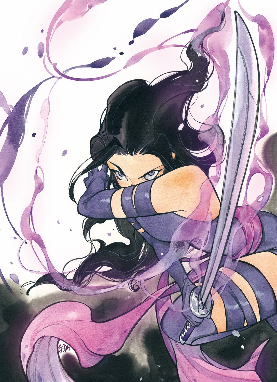 peach momoko, psylocke, marvel, x-men, highres, 1girl, black hair, covering own mouth, elbow gloves, frown, gloves, holding, holding sword, holding weapon, incoming attack, leotard, long hair, purple gloves, purple leotard, purple sash, sash, solo, sword, v-shaped eyebrows, weapon