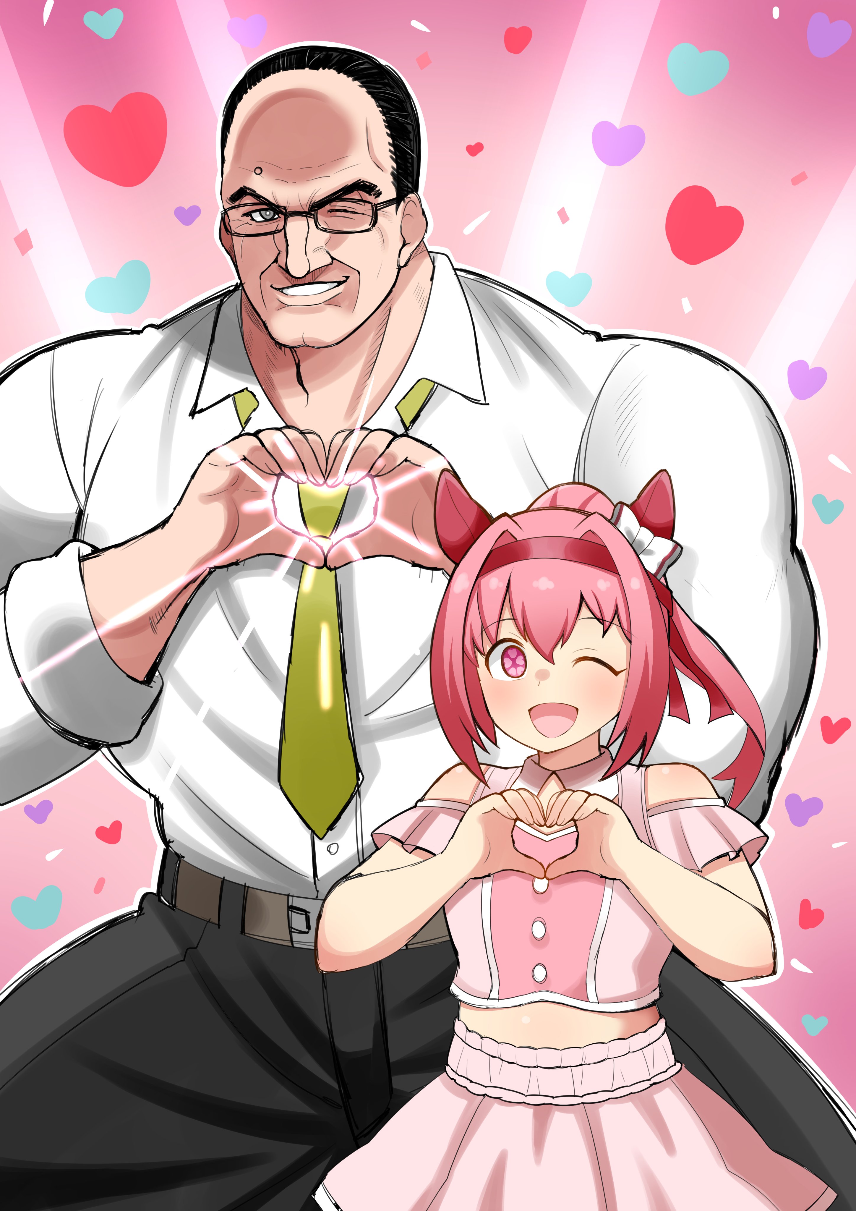 aramori susumu, haru urara (umamusume), steven armstrong, metal gear (series), metal gear rising: revengeance, umamusume, absurdres, commentary, highres, symbol-only commentary, 1boy, 1girl, ;d, belt, black hair, black pants, bow, brown belt, buttons, clothing cutout, collared shirt, cowboy shot, crossover, ear bow, flower-shaped pupils, forehead, glasses, grin, hairband, heart, heart hands, horse girl, long hair, long sleeves, looking at viewer, meni shuki rush-sshu!, midriff, muscular, muscular male, one eye closed, open mouth, pants, pink background, pink hair, pink hairband, pink shirt, pink skirt, ponytail, shirt, short hair, shoulder cutout, skirt, smile, symbol-shaped pupils, white bow, white shirt