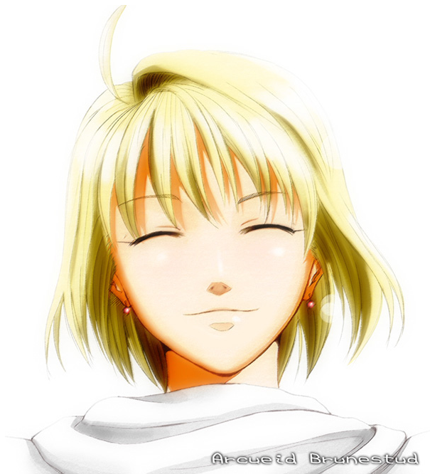 nazo kichi, arcueid brunestud, tsukihime, 00s, :3, ^ ^, ahoge, blonde hair, closed eyes, earrings, jewelry, portrait, short hair, simple background, smile, solo