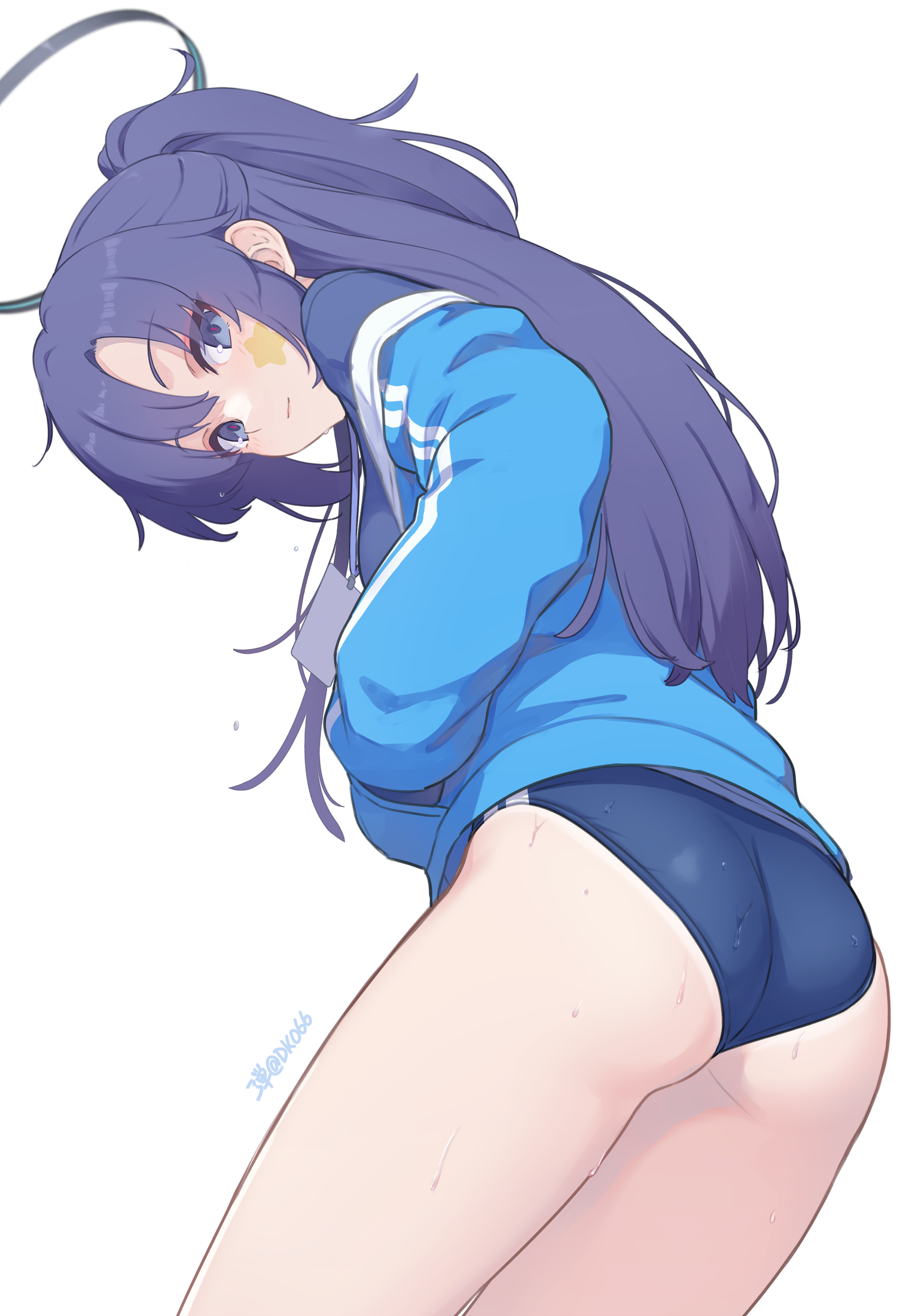 dan (kumadan), yuuka (blue archive), yuuka (track) (blue archive), blue archive, highres, 1girl, bloomers, buruma, gym uniform, halo, hands in pockets, id card, jacket, jacket partially removed, lanyard, long hair, long sleeves, looking at viewer, looking down, mechanical halo, official alternate costume, purple eyes, purple hair, solo, star (symbol), star sticker, sticker, sticker on face, sweat, track jacket, twitter username, underwear, white background