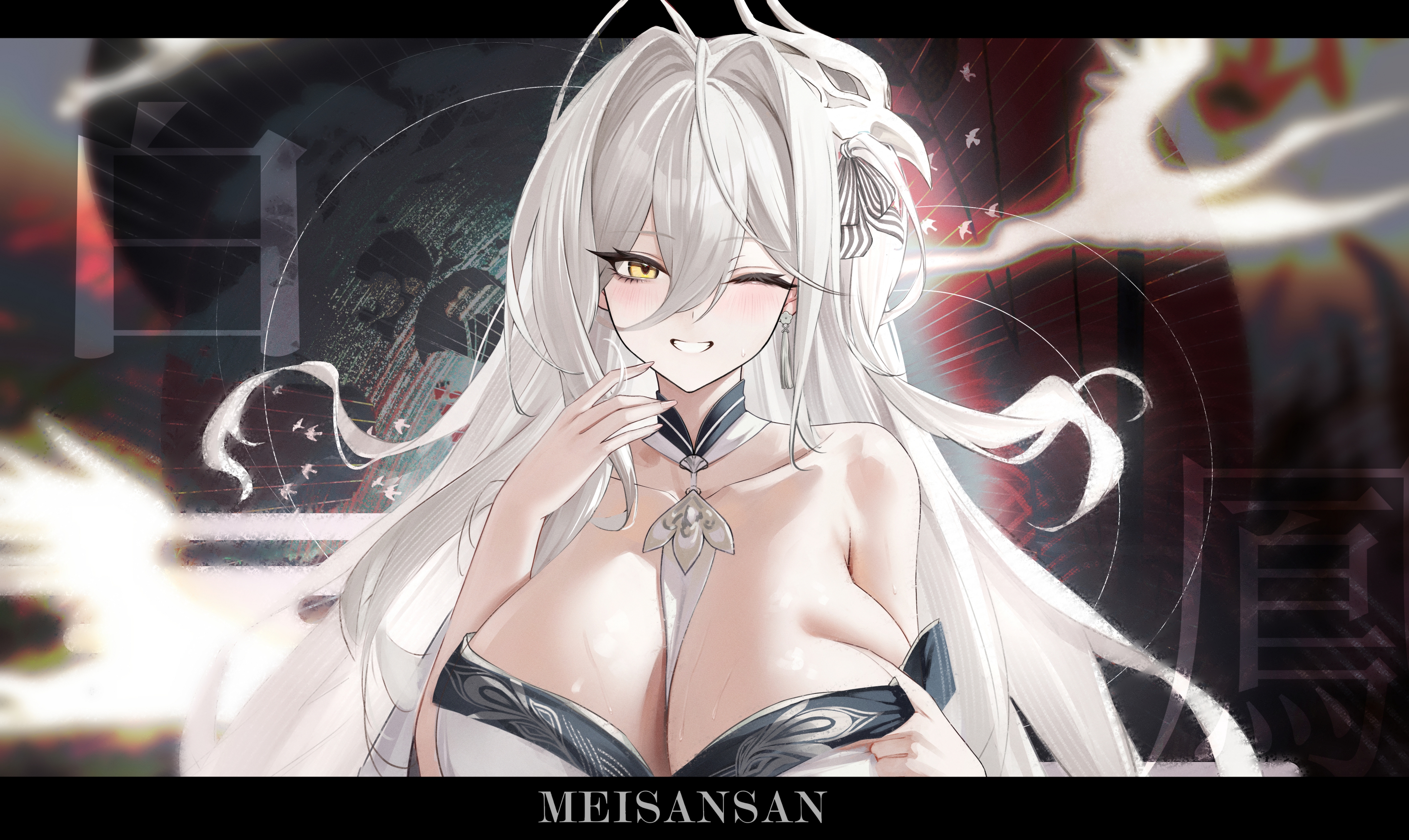 meisansan, hakuhou (azur lane), azur lane, absurdres, highres, 1girl, bare shoulders, blush, breasts, cleavage, clenched teeth, grabbing own breast, hair ornament, huge breasts, long hair, looking at viewer, one eye closed, smile, sweatdrop, teeth, white hair, yellow eyes