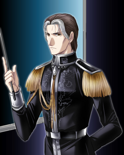 ywaka, paul von oberstein, ginga eiyuu densetsu, silver hair, lowres, 1boy, aiguillette, arm behind back, belt, brown eyes, brown hair, closed mouth, dark background, epaulettes, expressionless, holding, index finger raised, indoors, long sleeves, looking at viewer, male focus, military, military uniform, multicolored hair, riding crop, shoulder pads, solo, streaked hair, upper body