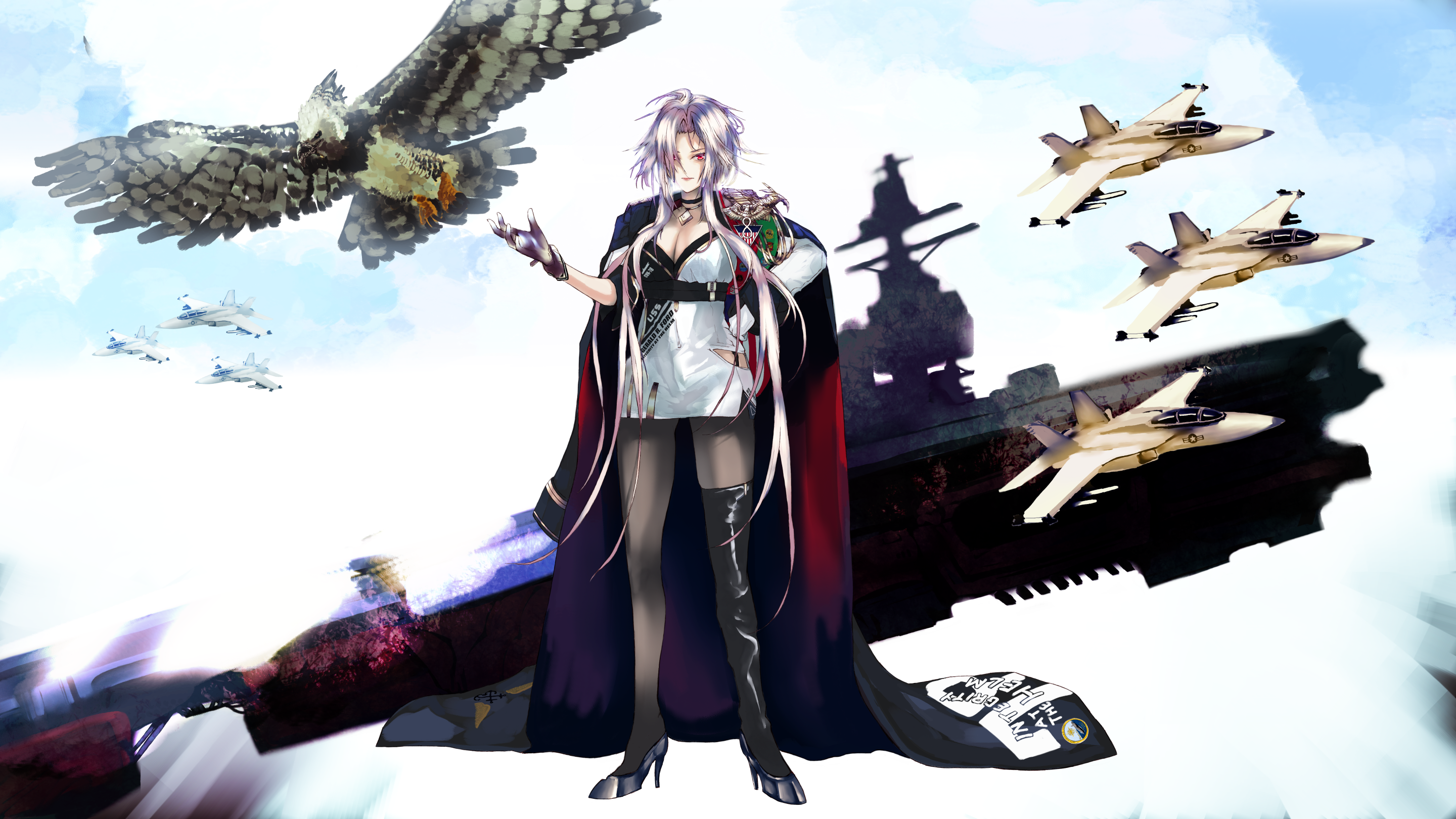 setsuka., uss gerald r ford (cvn-78), original, aircraft request, animal request, highres, 1girl, asymmetrical footwear, black choker, black coat, black pantyhose, boots, breasts, character name, choker, cleavage, coat, coat on shoulders, flight deck, gloves, hair over one eye, high heel boots, high heels, large breasts, looking at viewer, medal, pantyhose, personification, purple hair, red eyes, single thigh boot, solo, thigh boots, white gloves