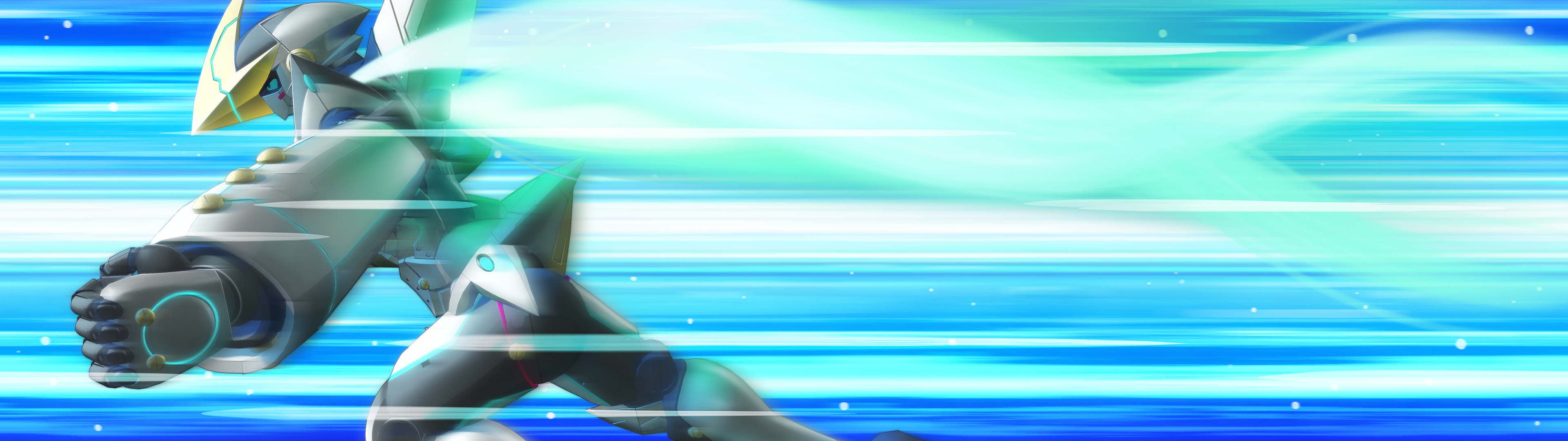 fukuda tomonori, gunvarrel, kidou battle gunvarrel, robotics;notes, robotics;notes dash, science adventure, absurdres, game cg, highres, non-web source, official art, blue background, from side, incoming attack, mecha, motion blur, motion lines, no humans, robot