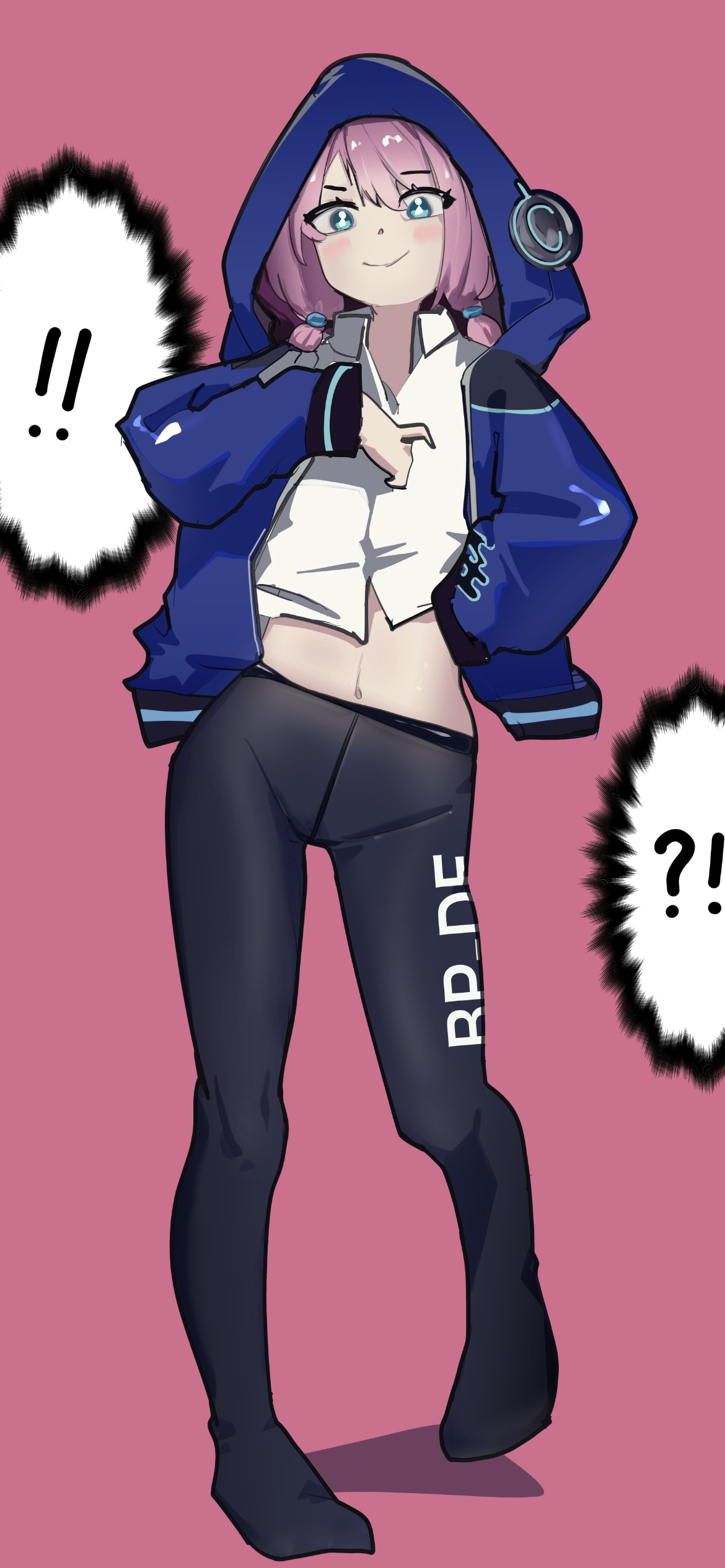 innosick, blue poison (arknights), arknights, absurdres, highres, !?, 1girl, black pantyhose, breasts, feet, legs, looking at viewer, no shoes, pantyhose, smile, solo, standing, stomach, thighs