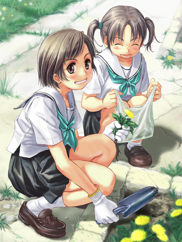 simon (kappa no kawanagare), original, 2girls, bag, dandelion, flower, gardening, grin, multiple girls, nature, plastic bag, school uniform, serafuku, smile, squatting, teeth, trowel, twintails