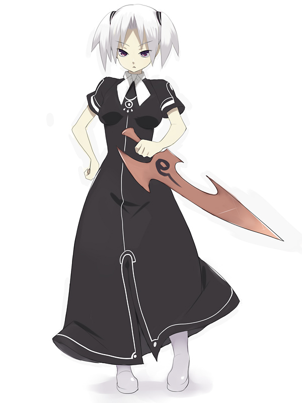 nora higuma, original, 1girl, boots, female focus, full body, hand on own hip, holding, holding sword, holding weapon, simple background, solo, standing, sword, weapon, white background, white boots, white hair
