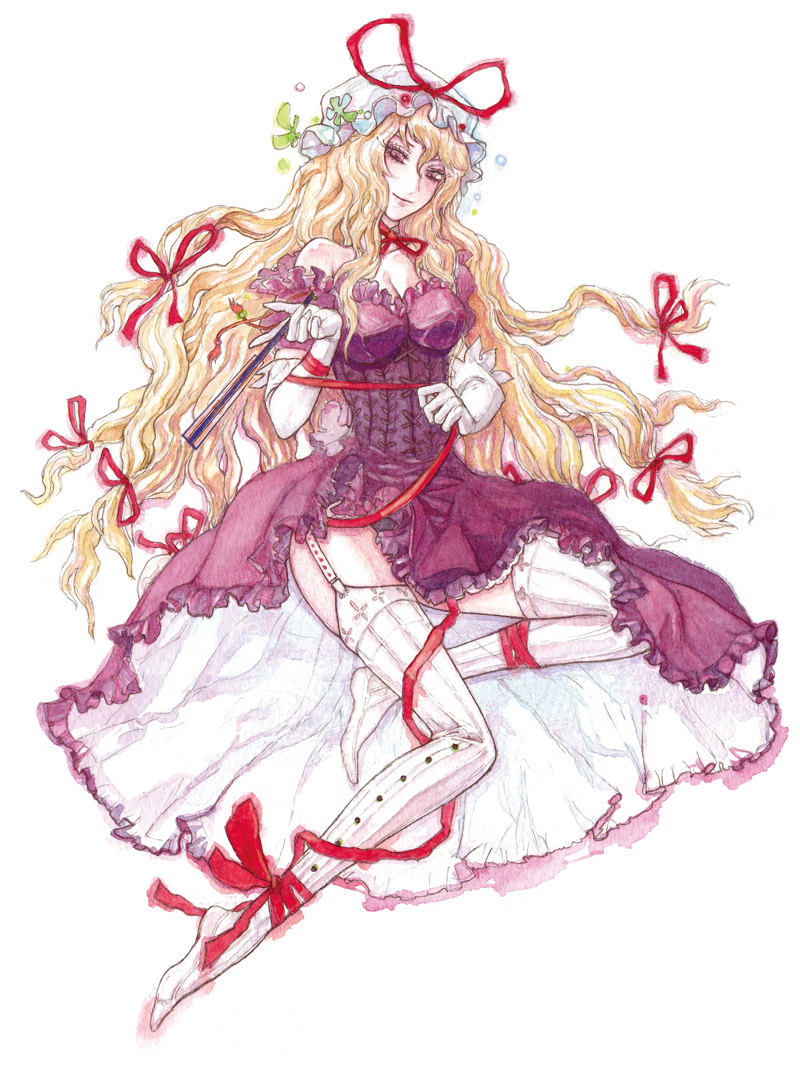chihiro (kemonomichi), yakumo yukari, touhou, 1girl, blonde hair, elbow gloves, female focus, folding fan, gloves, hand fan, red ribbon, ribbon, solo, thighhighs, white background, white gloves, white thighhighs
