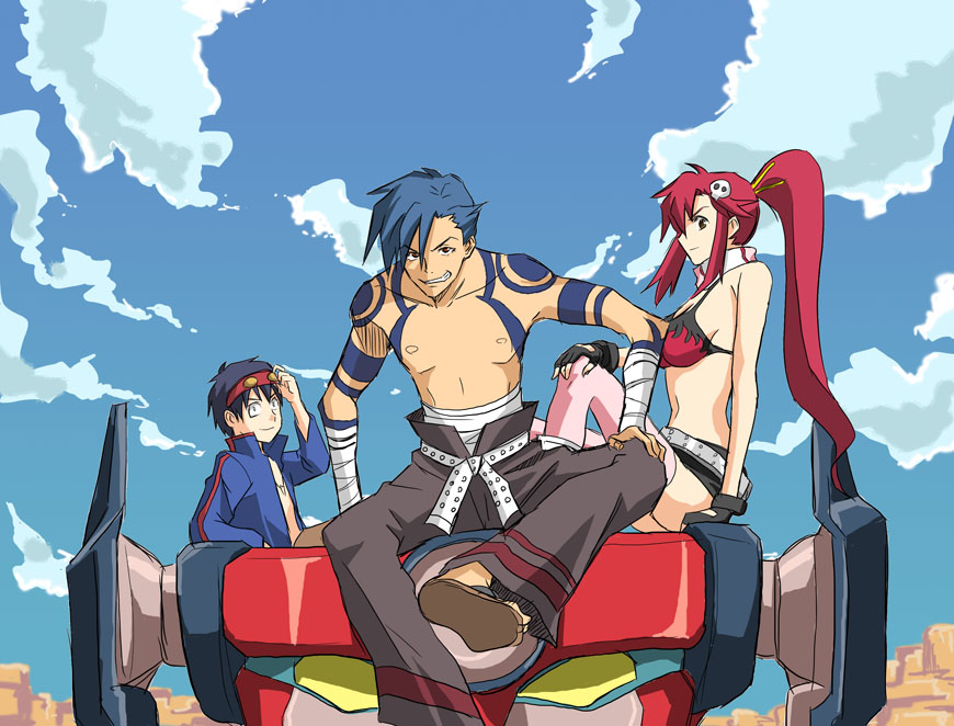 toshibou (satsukisou), kamina (ttgl), lagann, simon (ttgl), yoko littner, tengen toppa gurren lagann, 00s, 1girl, 2boys, bare shoulders, belt, bikini, bikini top only, blue hair, blue sky, breasts, brown eyes, cloud, collarbone, day, desert, goggles, goggles on head, hair ornament, looking at viewer, medium breasts, multiple boys, nipples, outdoors, pants, ponytail, red hair, short shorts, shorts, sideboob, sitting, skull hair ornament, sky, spread legs, swimsuit, tattoo, thighhighs, topless female, topless male