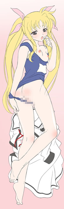 anko koubou, fate testarossa, lyrical nanoha, mahou shoujo lyrical nanoha, 00s, 1girl, blonde hair, censored, clothes pull, clothing aside, female focus, long hair, mosaic censoring, one-piece swimsuit, one-piece swimsuit pull, pulling own clothes, school swimsuit, school uniform, serafuku, solo, swimsuit, swimsuit aside, twintails, very long hair