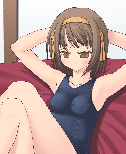 amamiya minato, suzumiya haruhi, suzumiya haruhi no yuuutsu, 00s, 1girl, armpits, brown hair, crossed legs, female focus, one-piece swimsuit, school swimsuit, short hair, sitting, solo, swimsuit