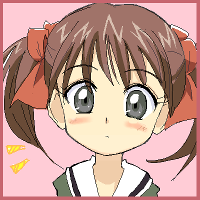 ixy, fukuzawa yumi, maria-sama ga miteru, lowres, 00s, 1girl, blush, brown hair, female focus, grey eyes, hair ribbon, oekaki, portrait, ribbon, short twintails, solo, twintails