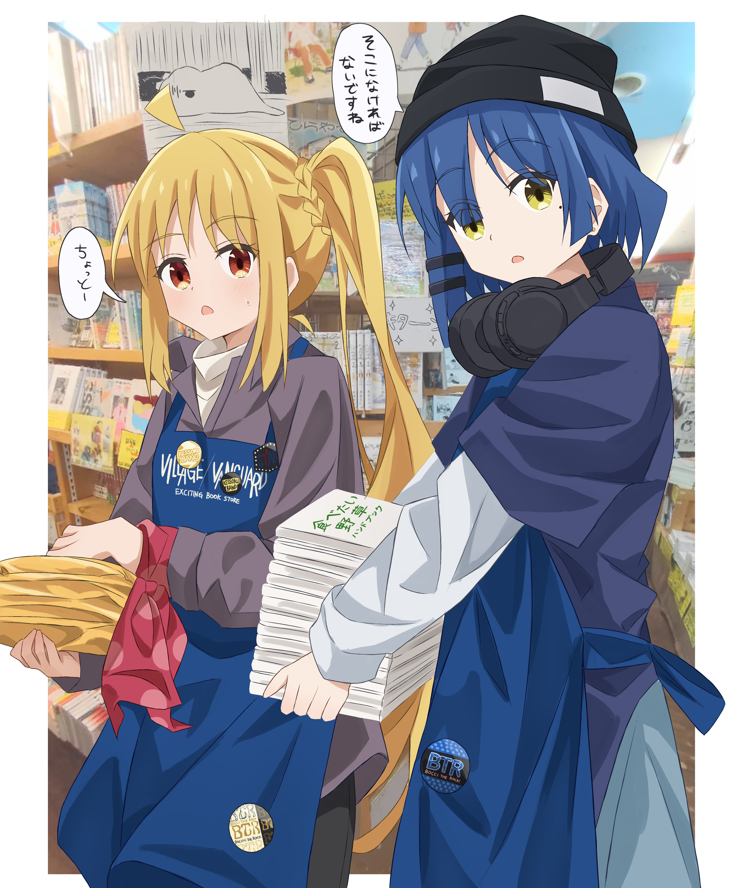 chinosuke (cs4126), gotoh hitori, gotoh hitori (tsuchinoko), ijichi nijika, yamada ryo, bocchi the rock!, absurdres, highres, translation request, 2girls, ahoge, alternate costume, apron, badge, beanie, blonde hair, blue apron, blue hair, bow, button badge, hair ornament, hairclip, hat, headphones, headphones around neck, looking at viewer, multiple girls, polka dot, polka dot bow, red eyes, short hair, side ponytail, store clerk, tsuchinoko, yellow eyes