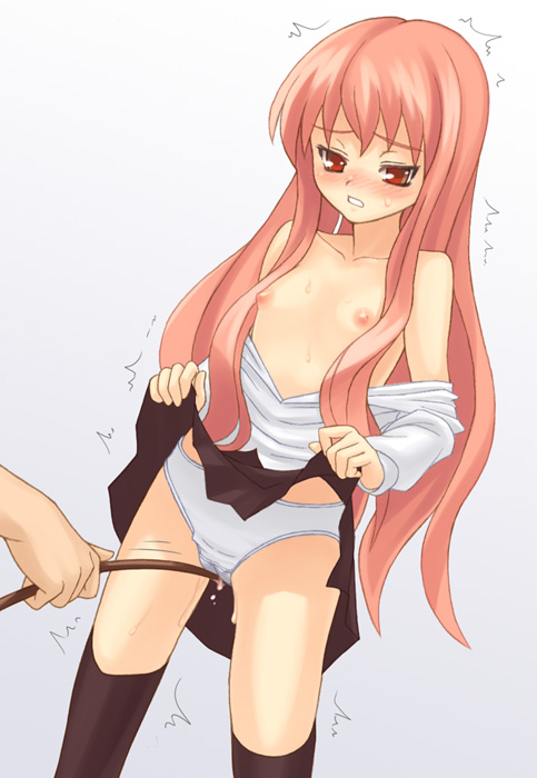 oryo (oryo04), louise francoise le blanc de la valliere, zero no tsukaima, 00s, 1girl, clothes lift, female focus, flat chest, loli, long hair, nipples, open clothes, open shirt, panties, pink hair, red eyes, shirt, skirt, skirt lift, solo, thighhighs, underwear