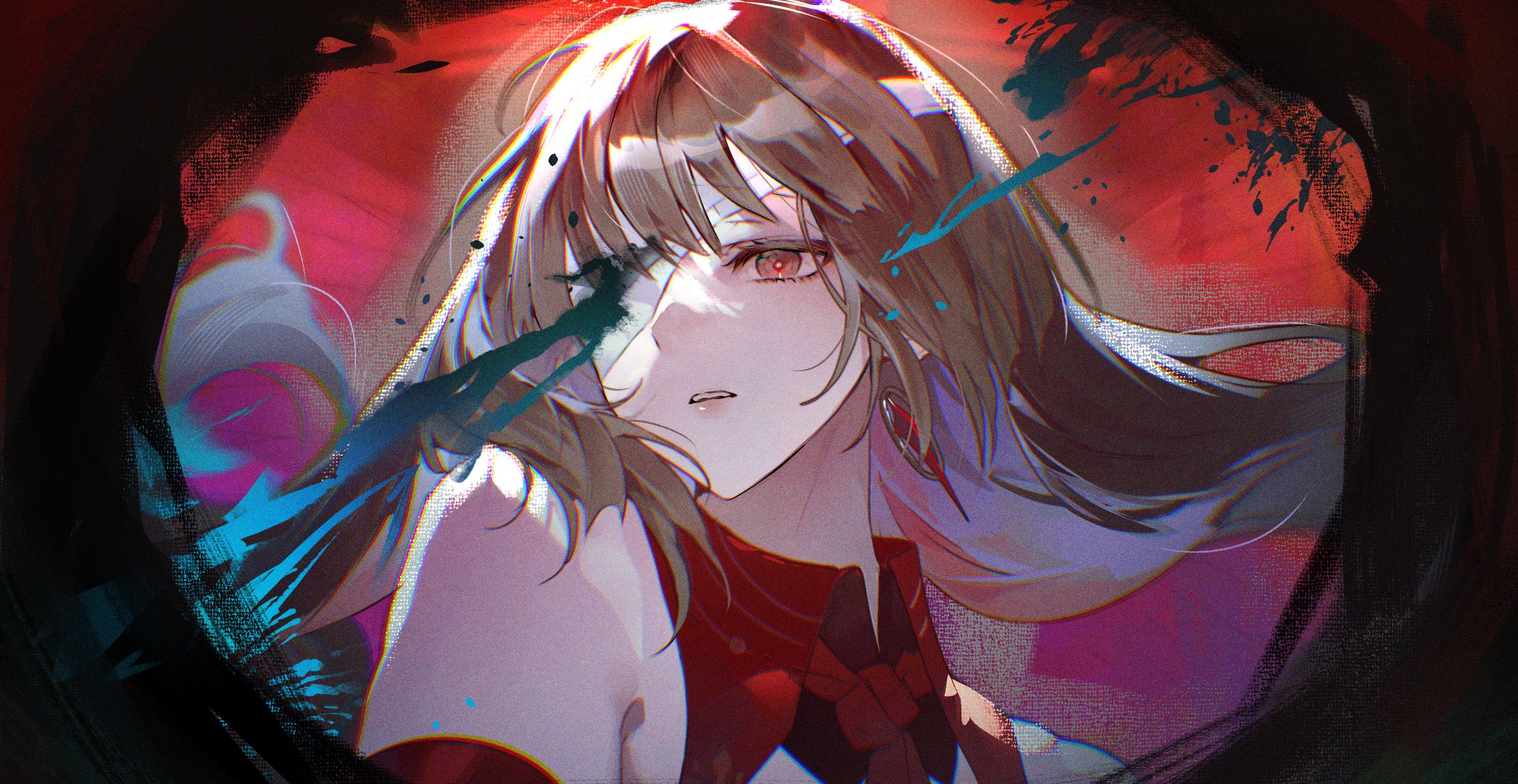 fsuusux, phrolova (wuthering waves), wuthering waves, commentary, hashtag-only commentary, highres, 1girl, bandage over one eye, bare shoulders, chromatic aberration, collar, earrings, grey hair, jewelry, long hair, looking ahead, parted lips, red collar, red eyes, solo