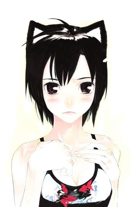 es (cah60700), original, 1girl, ahoge, animal ears, animal print, black eyes, black hair, breasts, cat ears, cleavage, female focus, fish print, frown, hands on own chest, looking at viewer, short hair, simple background, solo, tank top, upper body, white background