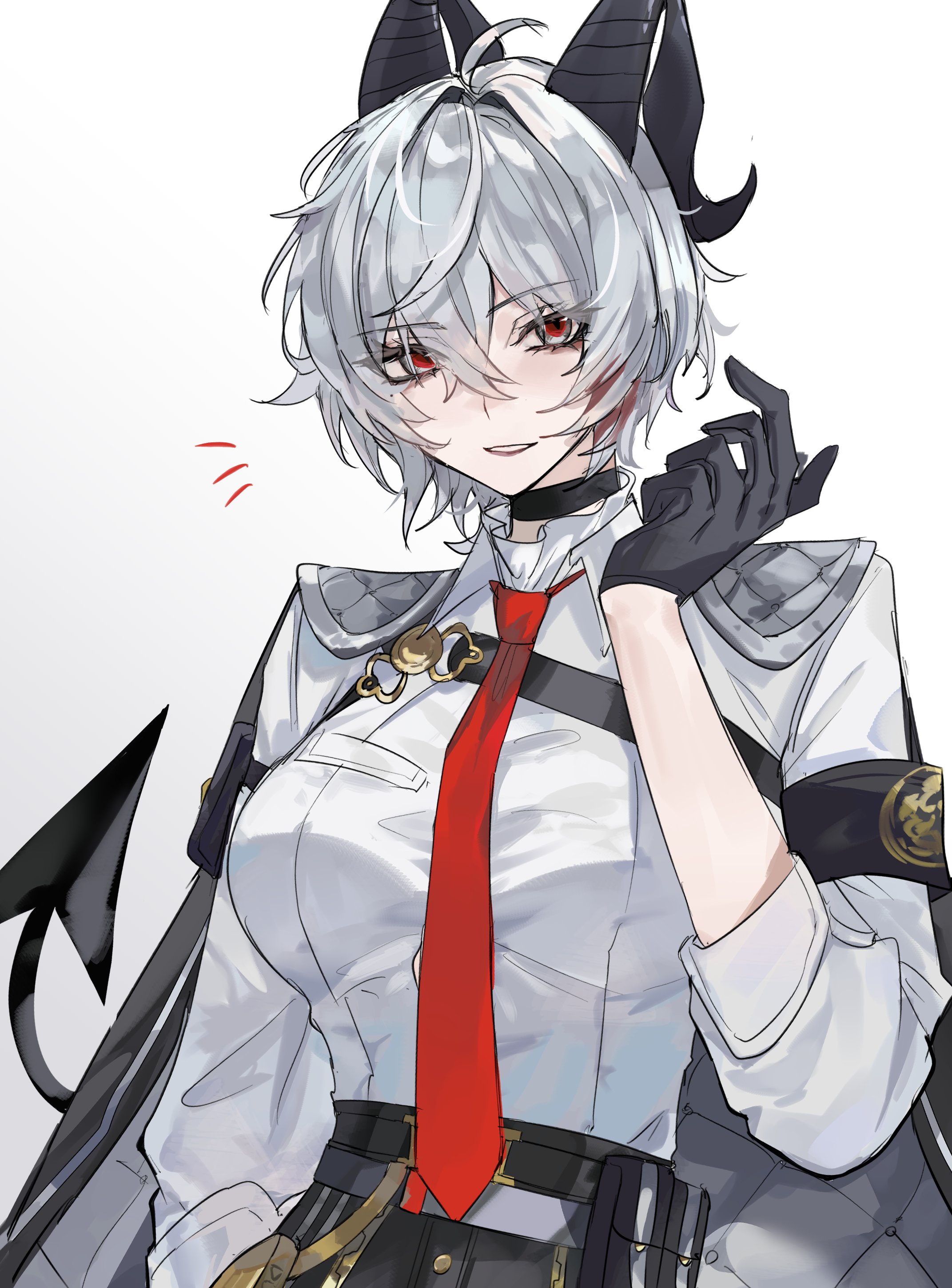 inishie no tanaka, zani (wuthering waves), wuthering waves, absurdres, bad id, bad twitter id, commentary request, highres, 1girl, ahoge, alternate hair length, alternate hairstyle, armband, black armband, black gloves, black horns, black jacket, black tail, breasts, chest harness, collared shirt, curled horns, demon tail, gloves, hair between eyes, hand up, harness, horns, jacket, jacket on shoulders, looking at viewer, medium breasts, multicolored hair, necktie, notice lines, red eyes, red necktie, shirt, shirt tucked in, short hair, simple background, solo, streaked hair, tail, white background, white shirt