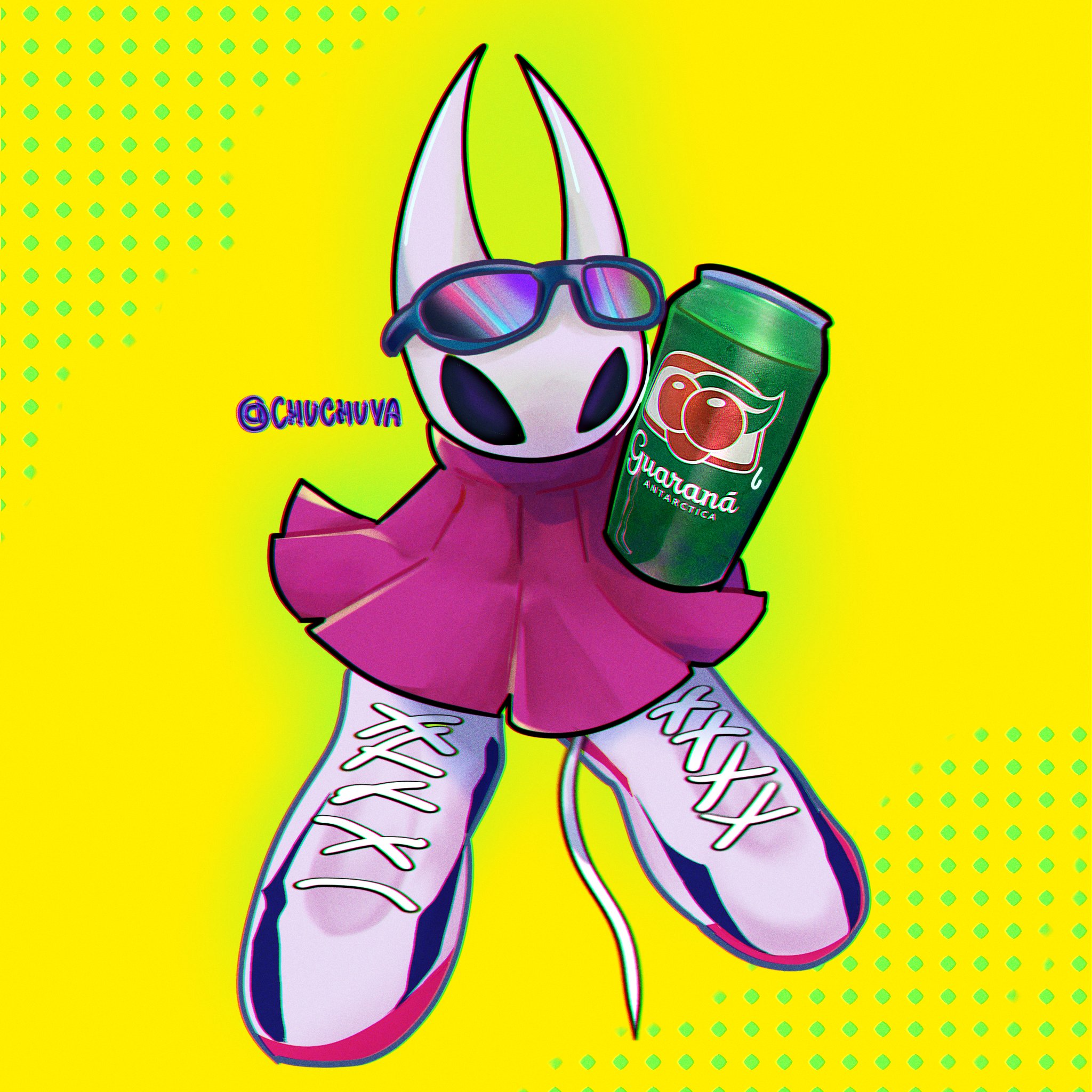 hornet (hollow knight), hollow knight, hollow knight: silksong, highres, 1girl, arthropod girl, artist name, can, chuchuva, cloak, drink can, eyewear on head, hollow eyes, horned mask, mask, red cloak, shoes, sneakers, soda, soda can, solo, standing, sunglasses, yellow background