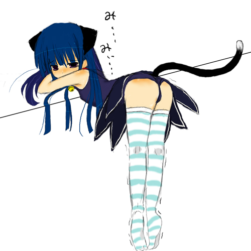 furude rika, higurashi no naku koro ni, artist request, lowres, translated, 00s, 1girl, angel mort, animal ears, ass, bell, bent over, black eyes, blue hair, blush, cat ears, cat tail, embarrassed, female focus, legs, loli, long hair, shy, simple background, solo, striped clothes, striped thighhighs, tail, thighhighs, tiptoes, trembling, waitress, white background