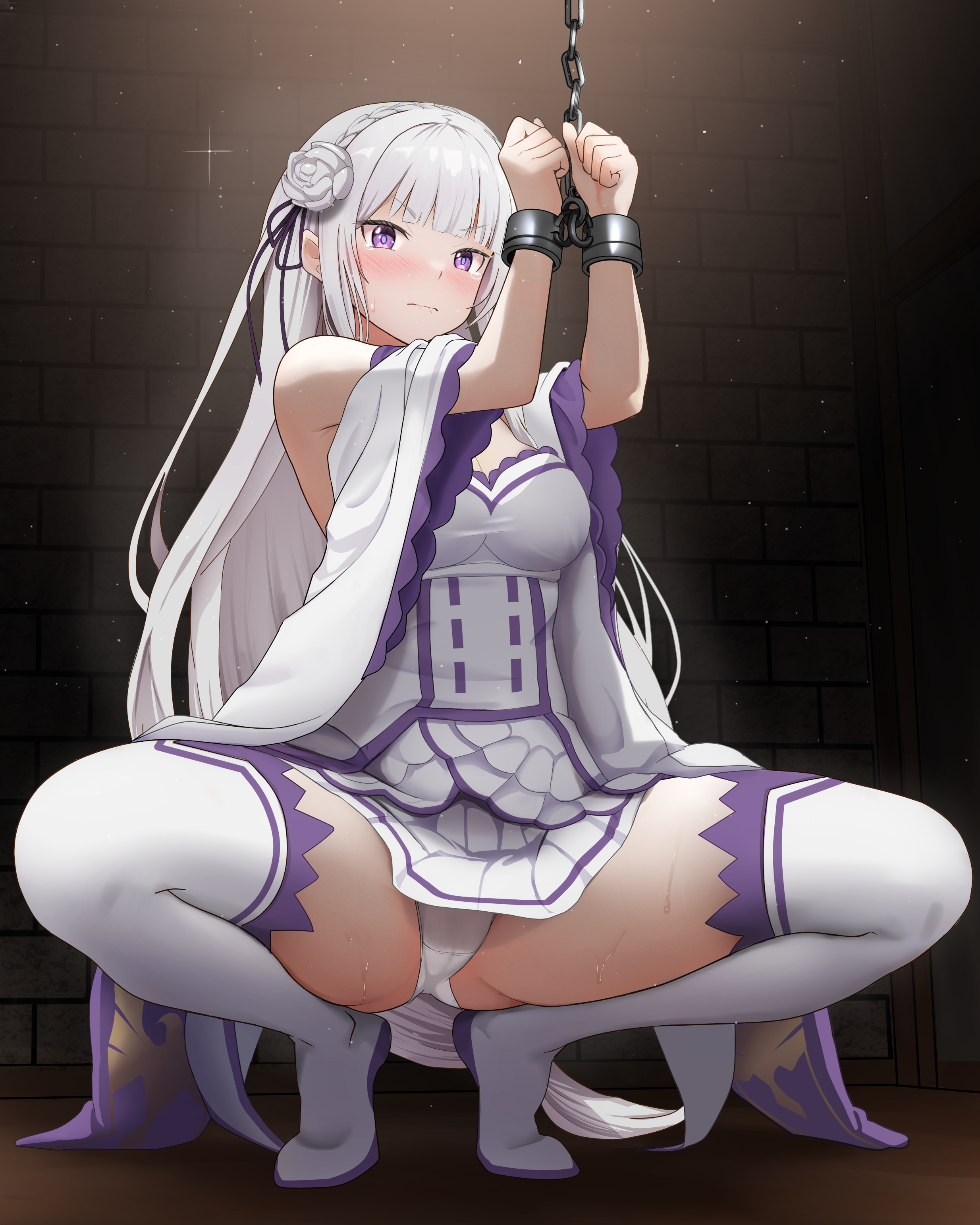 gibun (sozoshu), emilia (re:zero), re:zero kara hajimeru isekai seikatsu, absurdres, commentary request, highres, 1girl, boots, braid, breasts, brick wall, chain, cleavage, closed mouth, crown braid, flower, gluteal fold, hair flower, hair ornament, hair ribbon, hands up, indoors, long hair, looking at viewer, medium breasts, panties, pointy ears, purple eyes, purple ribbon, restrained, ribbon, solo, squatting, thick thighs, thigh boots, thighs, underwear, white boots, white flower, white hair, white panties