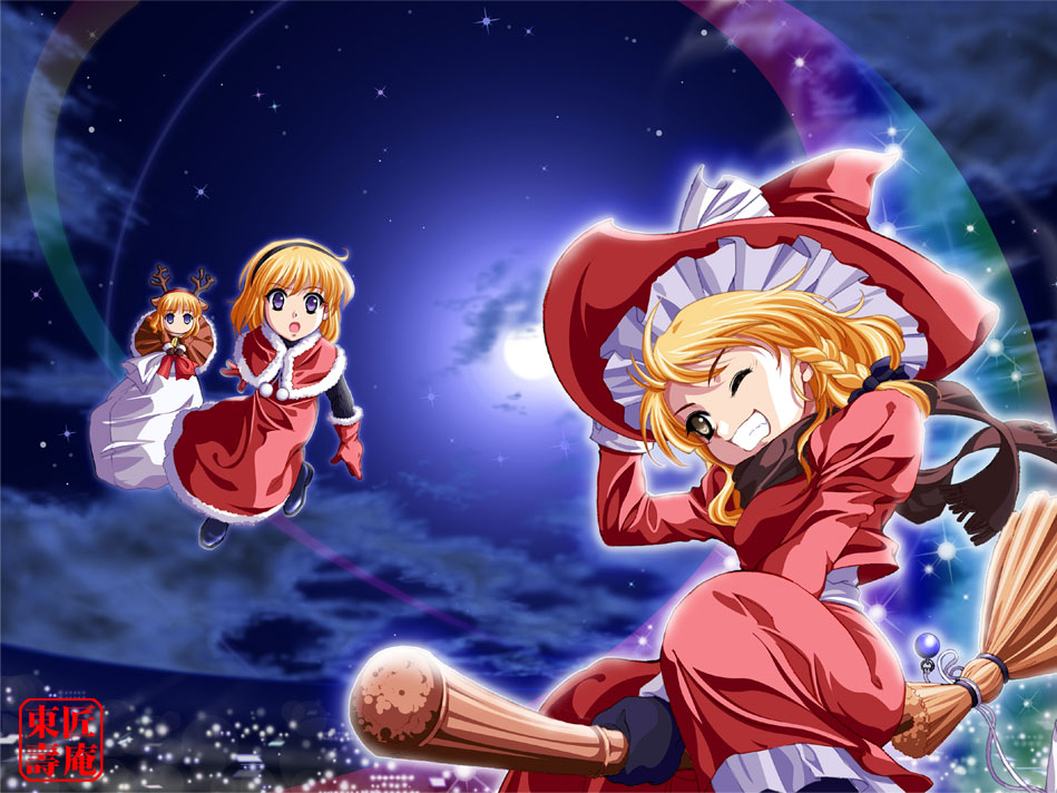 azuma shoujuan, alice margatroid, hourai doll, kirisame marisa, shanghai doll, touhou, 2girls, adapted costume, alternate color, antlers, blonde hair, christmas, female focus, hat, holding, holding unworn clothes, holding unworn hat, horns, matching shanghai, multiple girls, santa costume, unworn hat, unworn headwear, witch hat