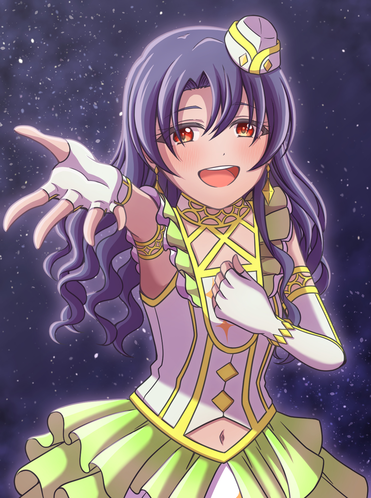 ganbarai, takayama sayoko, idolmaster, idolmaster million live!, commentary request, highres, 1girl, :d, arm up, clothing cutout, cowboy shot, curtained hair, diamond-shaped earrings, dress, fingerless gloves, frilled dress, frills, gloves, green dress, hat, looking at viewer, mini hat, navel, navel cutout, open mouth, parted bangs, purple hair, red eyes, side part, sleeveless, sleeveless dress, smile, solo, teeth, upper teeth only, white gloves, white hat