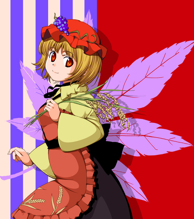 aka ringo, azuma shoujuan, aki minoriko, touhou, 1girl, apron, blonde hair, female focus, food, fruit, grapes, hat, leaf, looking at viewer, maple leaf, red eyes, red hat, ribbon, short hair, solo, wheat
