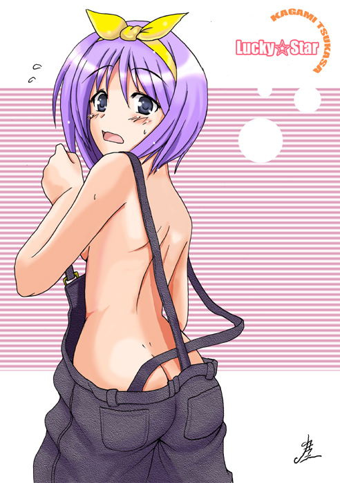yasakani an, hiiragi tsukasa, lucky star, 00s, 1girl, ass, butt crack, dimples of venus, female focus, naked overalls, no bra, no panties, overalls, purple hair, solo, strap slip, sweat