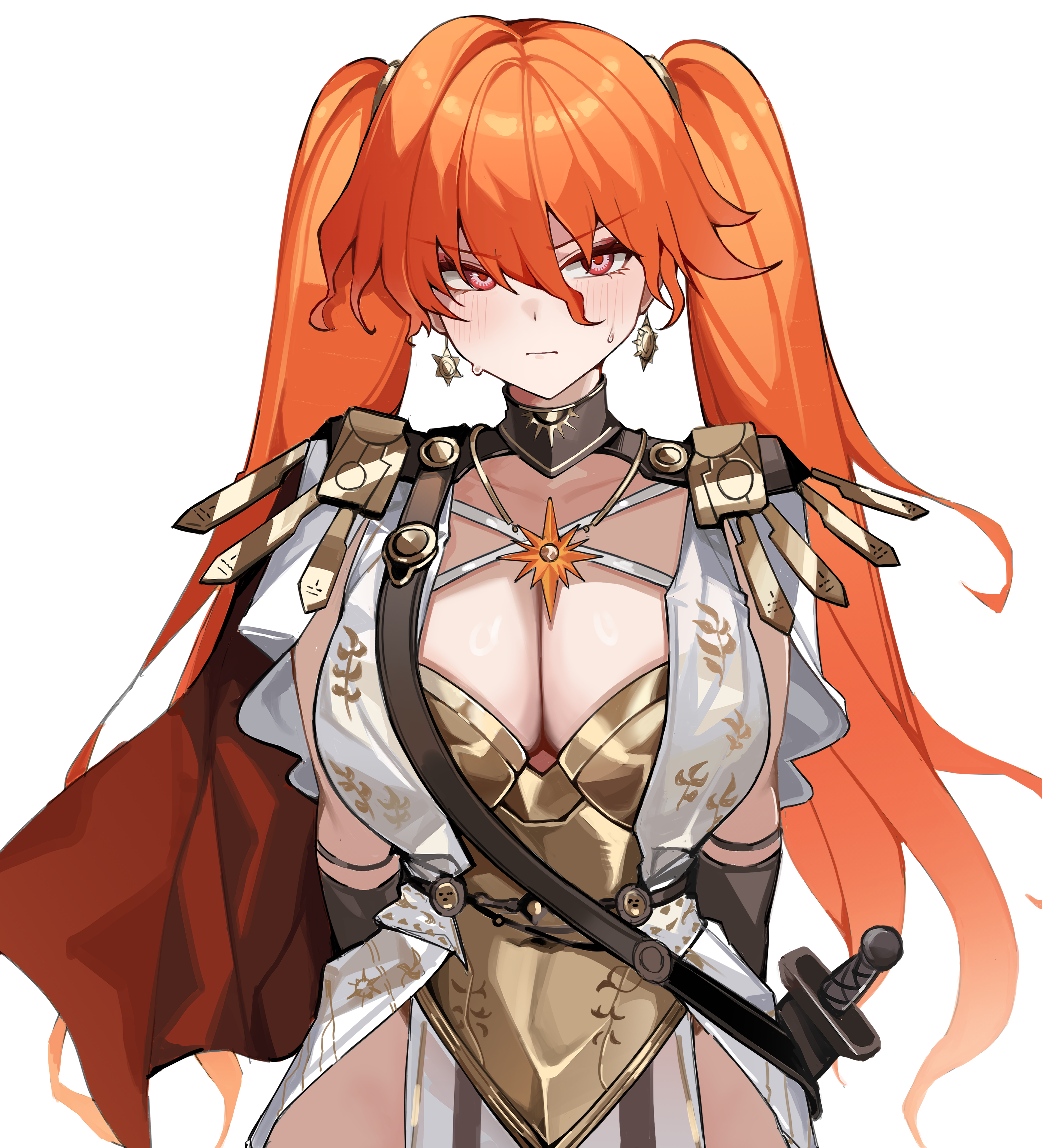 oxooxo666, augusta (wuthering waves), wuthering waves, absurdres, commentary, highres, symbol-only commentary, 1girl, alternate hairstyle, ancient greek clothes, arm armor, armor, black collar, blush, breastplate, breasts, cleavage, closed mouth, collar, collarbone, covered navel, cowboy shot, dress, earrings, greco-roman clothes, hair between eyes, jewelry, large breasts, long hair, looking at viewer, orange hair, red eyes, simple background, solo, sun earrings, sun necklace, sweatdrop, twintails, v-shaped eyebrows, white background, white dress