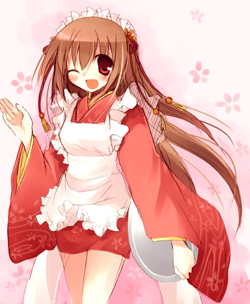 suzushiro kurumi, original, 1girl, ;d, apron, blush, cowboy shot, dress, female focus, frills, holding, japanese clothes, long sleeves, maid, maid apron, maid headdress, one eye closed, open mouth, red dress, smile, solo, standing, tray, wa maid, wide sleeves