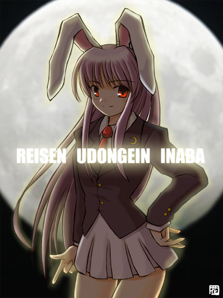 hana (hana mo arashi mo), reisen udongein inaba, touhou, 1girl, animal ears, blazer, female focus, hand on own hip, jacket, long hair, moon, necktie, purple hair, rabbit ears, red eyes, skirt, solo