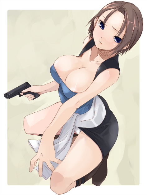 aka ume, jill valentine, resident evil, resident evil 3: nemesis, 1girl, areola slip, blue eyes, breasts, brown hair, cleavage, female focus, gun, handgun, huge breasts, panties, pantyshot, pencil skirt, pistol, short hair, skirt, solo, underwear, upskirt, weapon, white panties