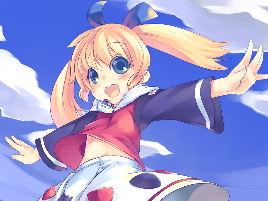 mikage sekizai, popuri, popuri (fushigi mahou fun fun pharmacy), fushigi mahou fun fun pharmacy, 1990s (style), 1girl, :d, blonde hair, blue eyes, blue sky, cloud, day, female focus, long sleeves, looking at viewer, navel, open mouth, outstretched arms, retro artstyle, skirt, sky, smile, solo, stomach, twintails, white skirt