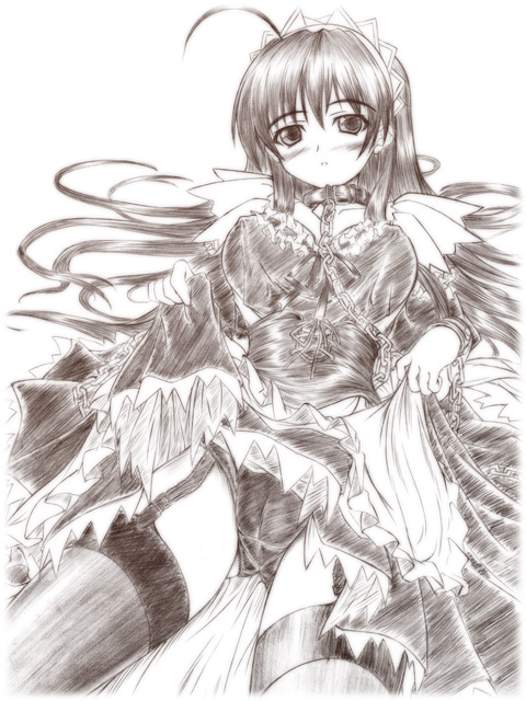 akimoto dai, 1girl, breasts, cameltoe, clothes lift, female focus, maid, monochrome, panties, skirt, skirt lift, solo, thighhighs, underwear