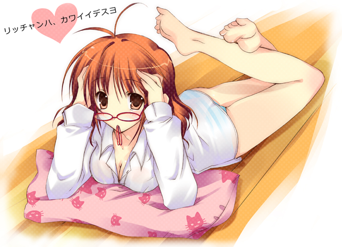 sakura hanpen, akizuki ritsuko, idolmaster, idolmaster (classic), idolmaster 1, sakura sakura, 00s, 1girl, antenna hair, barefoot, feet, female focus, glasses, lying, mouth hold, on stomach, panties, pillow, solo, striped clothes, striped panties, underwear