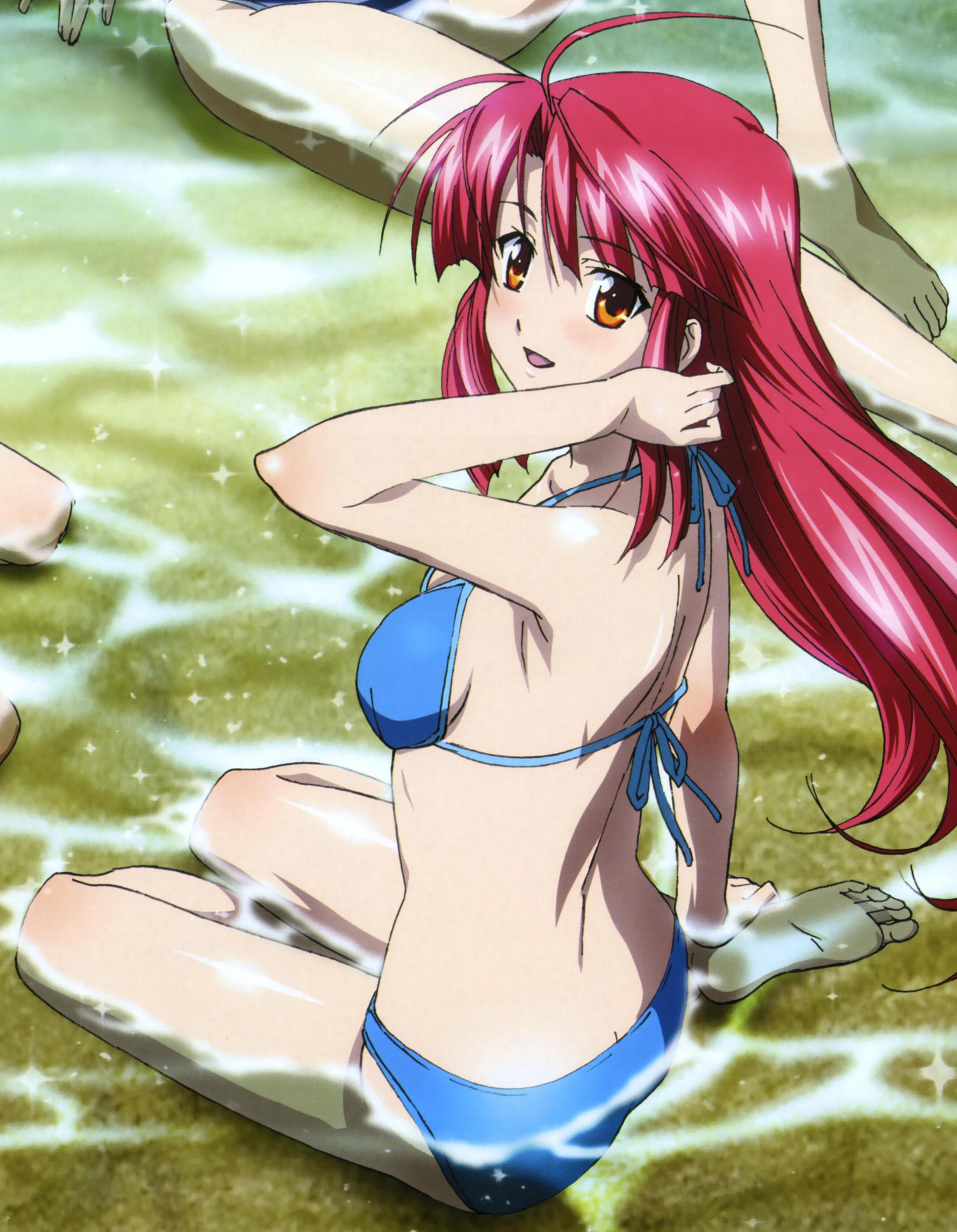 yamakawa kouji, kannagi ayano, comp h's, kaze no stigma, absurdres, highres, official art, scan, 00s, 1girl, :d, adjusting hair, ahoge, armpits, back, barefoot, beach, bikini, blue bikini, butt crack, feet, female focus, from behind, hair intakes, halterneck, hands on feet, long hair, looking back, open mouth, orange eyes, outdoors, parted bangs, red hair, shiny skin, sitting, smile, soles, solo, sparkle, submerged, swimsuit, water