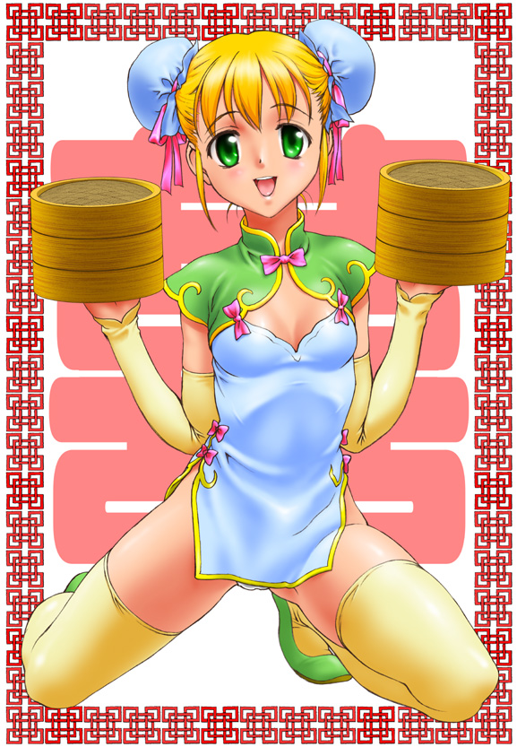 amasumi ichika, saida kazuaki, 1girl, china dress, chinese clothes, dress, elbow gloves, female focus, gloves, solo, thighhighs