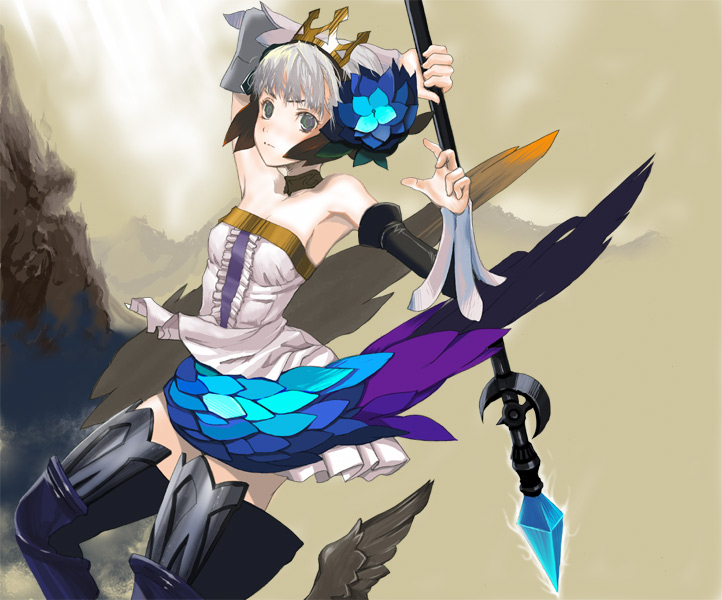 fuyuno haruaki, gwendolyn (odin sphere), odin sphere, 1girl, armor, armored dress, brown background, dress, female focus, multicolored wings, solo, strapless, strapless dress, thighhighs, wings