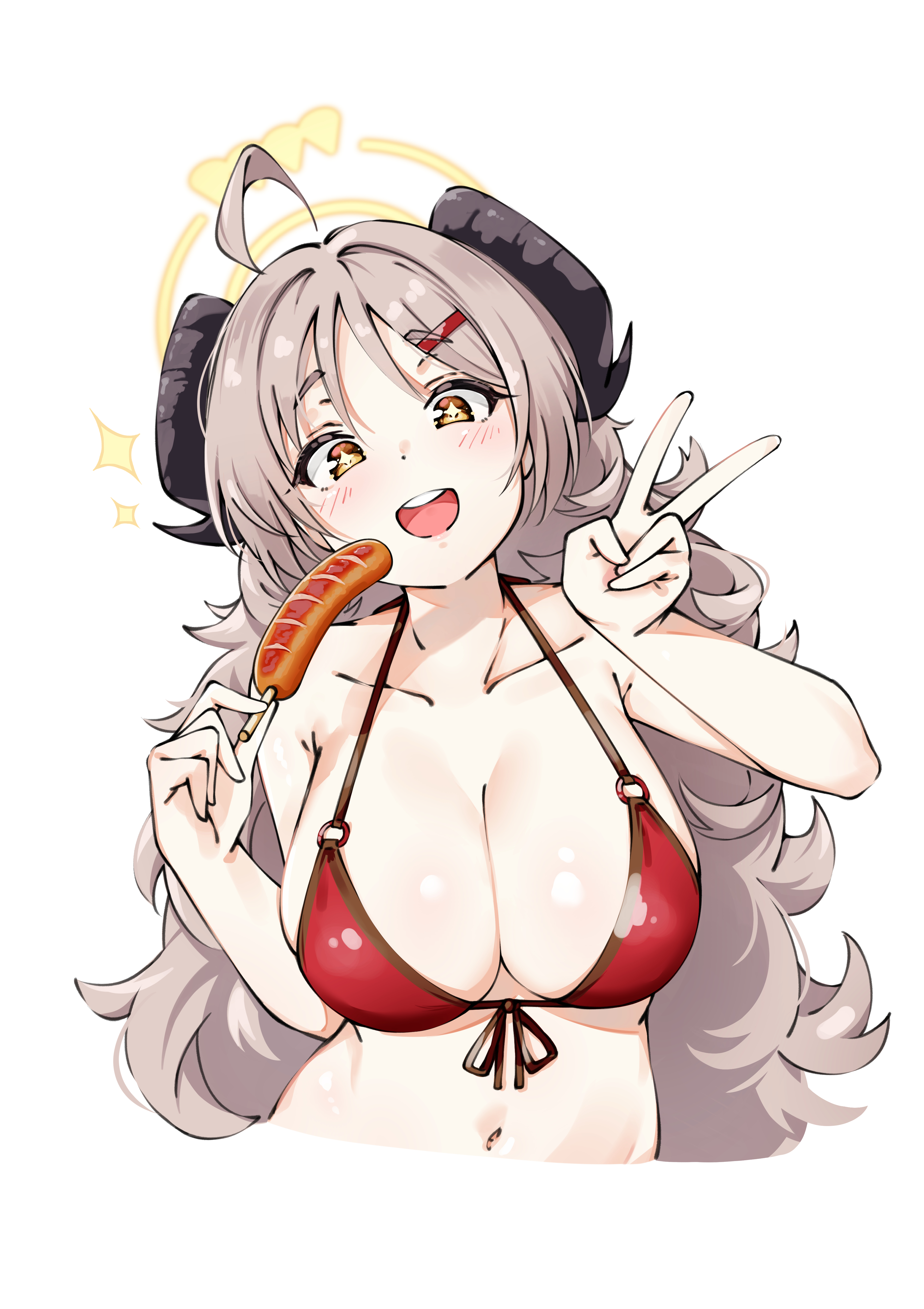 komasi, izumi (blue archive), izumi (swimsuit) (blue archive), blue archive, absurdres, commentary request, highres, 1girl, bare shoulders, bikini, black horns, blush, breasts, cleavage, collarbone, curled horns, food, front-tie bikini top, front-tie top, hair ornament, hairclip, halo, holding, holding food, horns, hot dog, large breasts, long hair, looking at viewer, navel, official alternate costume, open mouth, red bikini, simple background, smile, solo, swimsuit, v, white background, yellow eyes