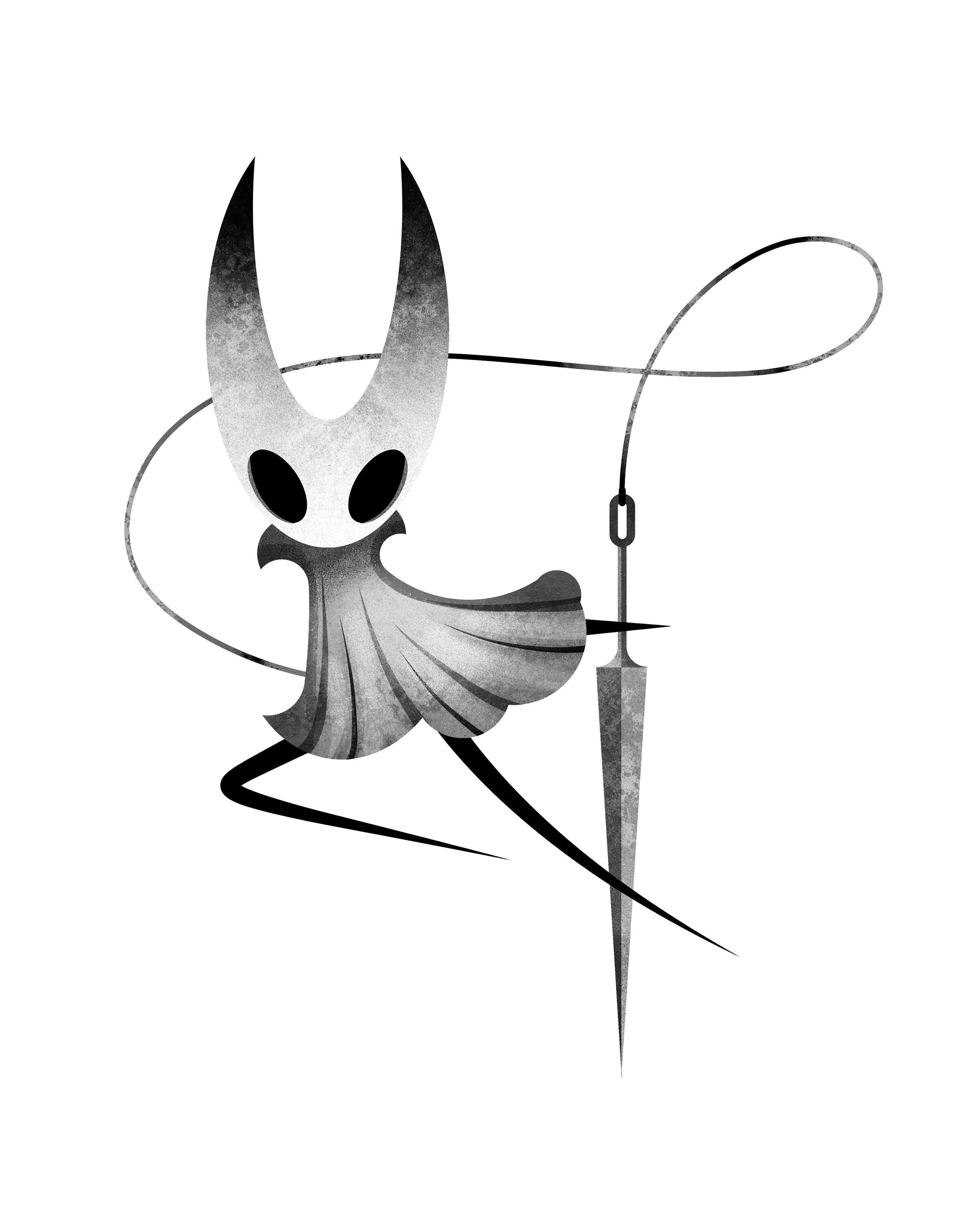 pickled alice art, hornet (hollow knight), hollow knight, absurdres, commentary, english commentary, highres, 1girl, dress, full body, greyscale, hollow eyes, horns, looking at viewer, monochrome, needle (hollow knight), solo