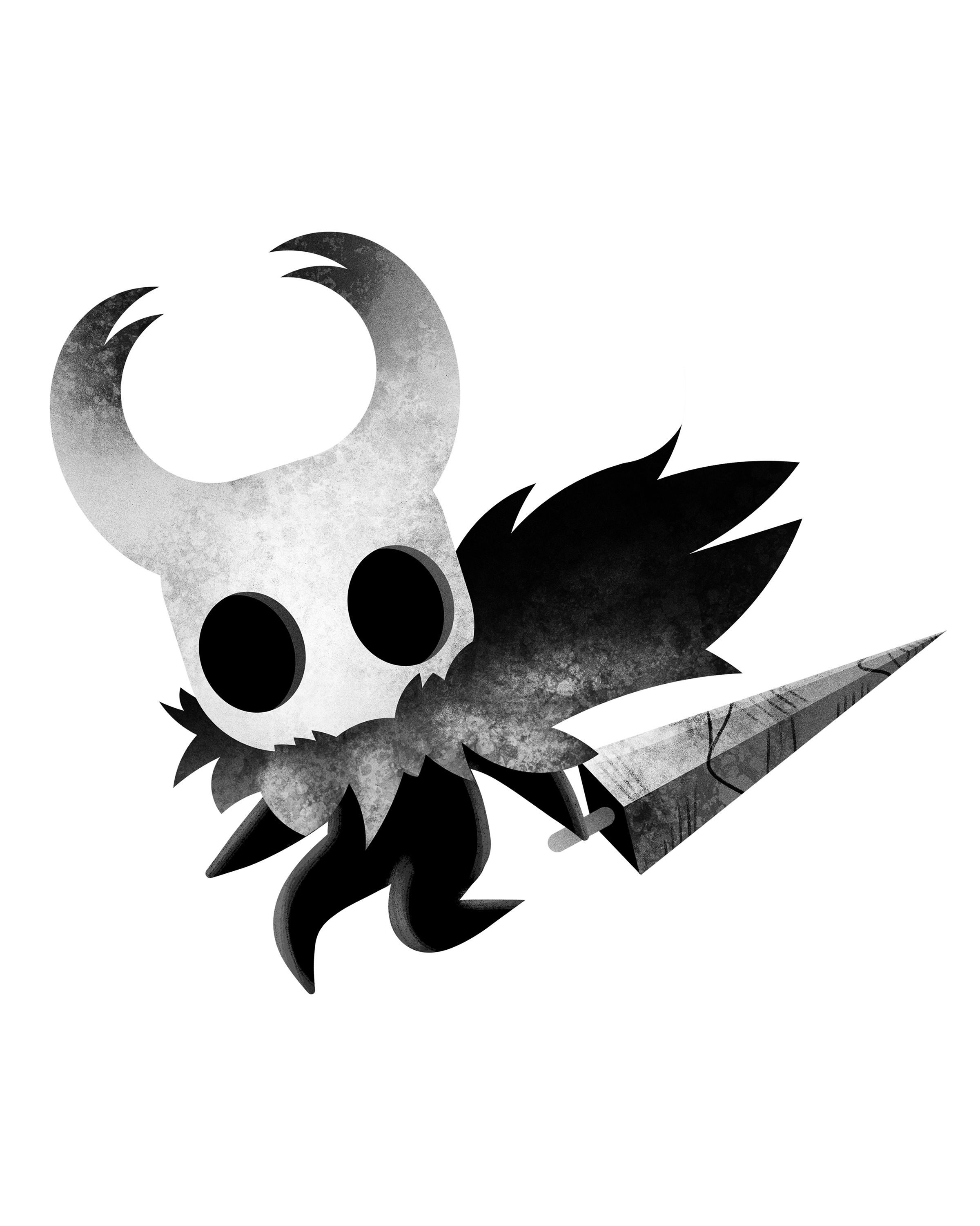 pickled alice art, knight (hollow knight), hollow knight, absurdres, commentary, english commentary, highres, 1other, cloak, full body, greyscale, holding, holding weapon, hollow eyes, looking at viewer, mask, monochrome, nail (hollow knight), solo, torn cloak, torn clothes, weapon