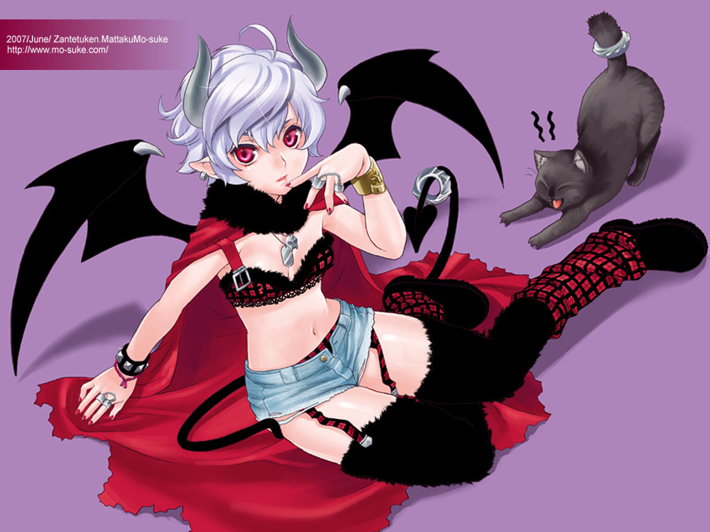 mattaku mousuke, original, bat wings, black thighhighs, cape, cutoffs, demon girl, denim, denim shorts, garter straps, horns, loose socks, plaid clothes, pointy ears, purple background, red thighhighs, short shorts, shorts, sitting, socks, solo, thighhighs, wings