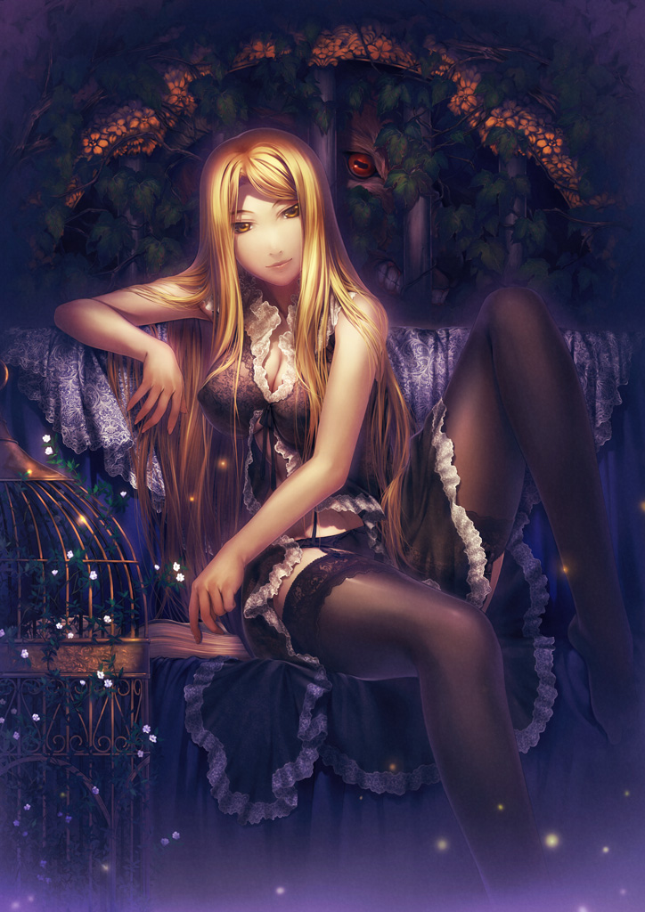 simosi, original, 1girl, blonde hair, breasts, cleavage, female focus, flower, large breasts, lingerie, long hair, long legs, panties, red eyes, solo, thighhighs, underwear, when you see it, yellow eyes