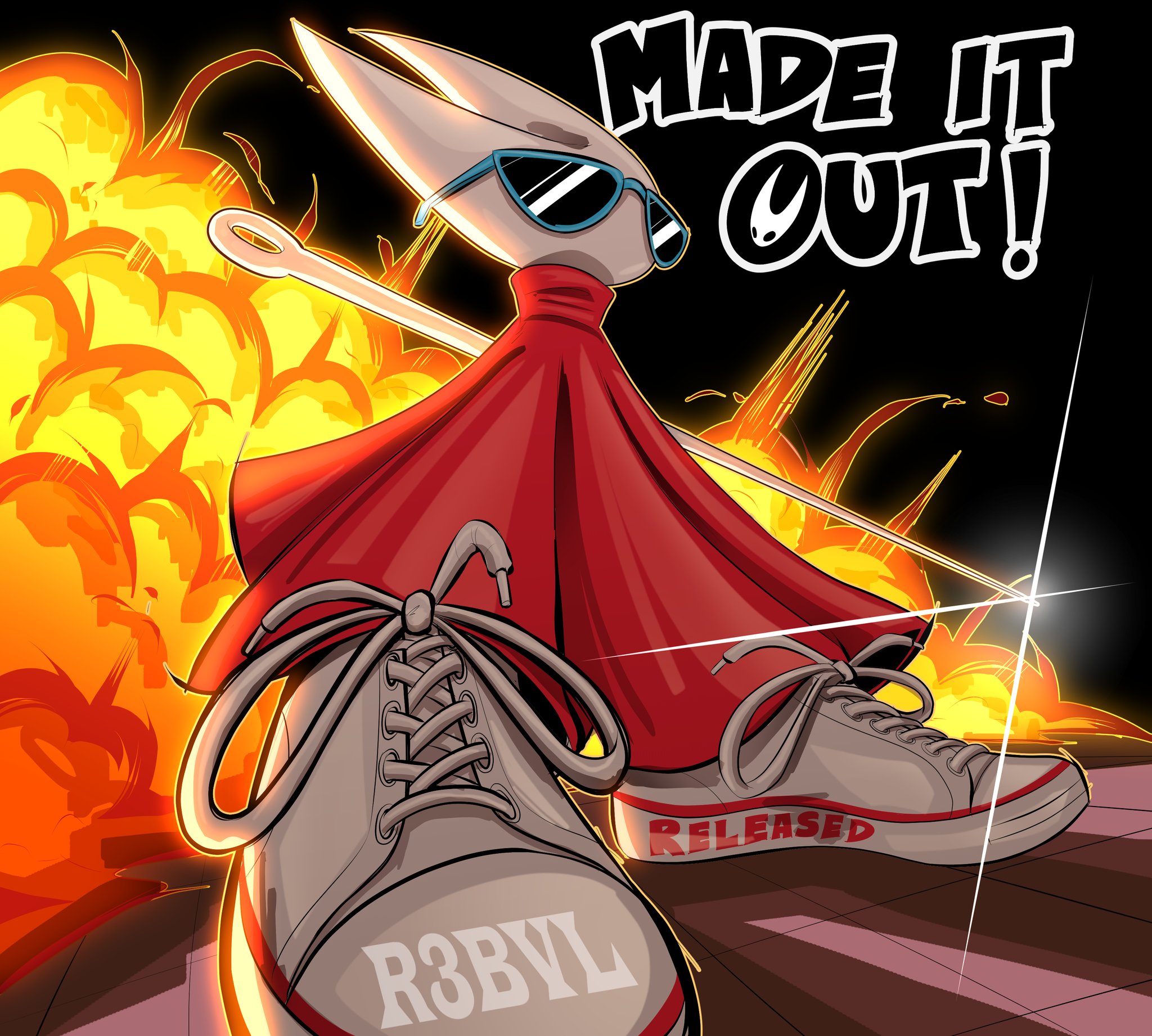 hornet (hollow knight), hollow knight, hollow knight: silksong, commentary, english commentary, highres, 1girl, arthropod girl, cloak, english text, explosion, from below, hollow eyes, horned mask, mask, needle (hollow knight), r3bvl, red cloak, solo, standing, sunglasses, white mask